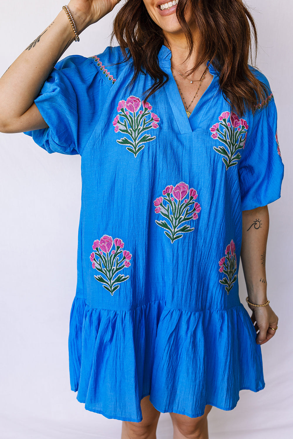 Blue Flower Embroidered Split Neck Puff Sleeve Ruffle Hem Mini Dress S-XL