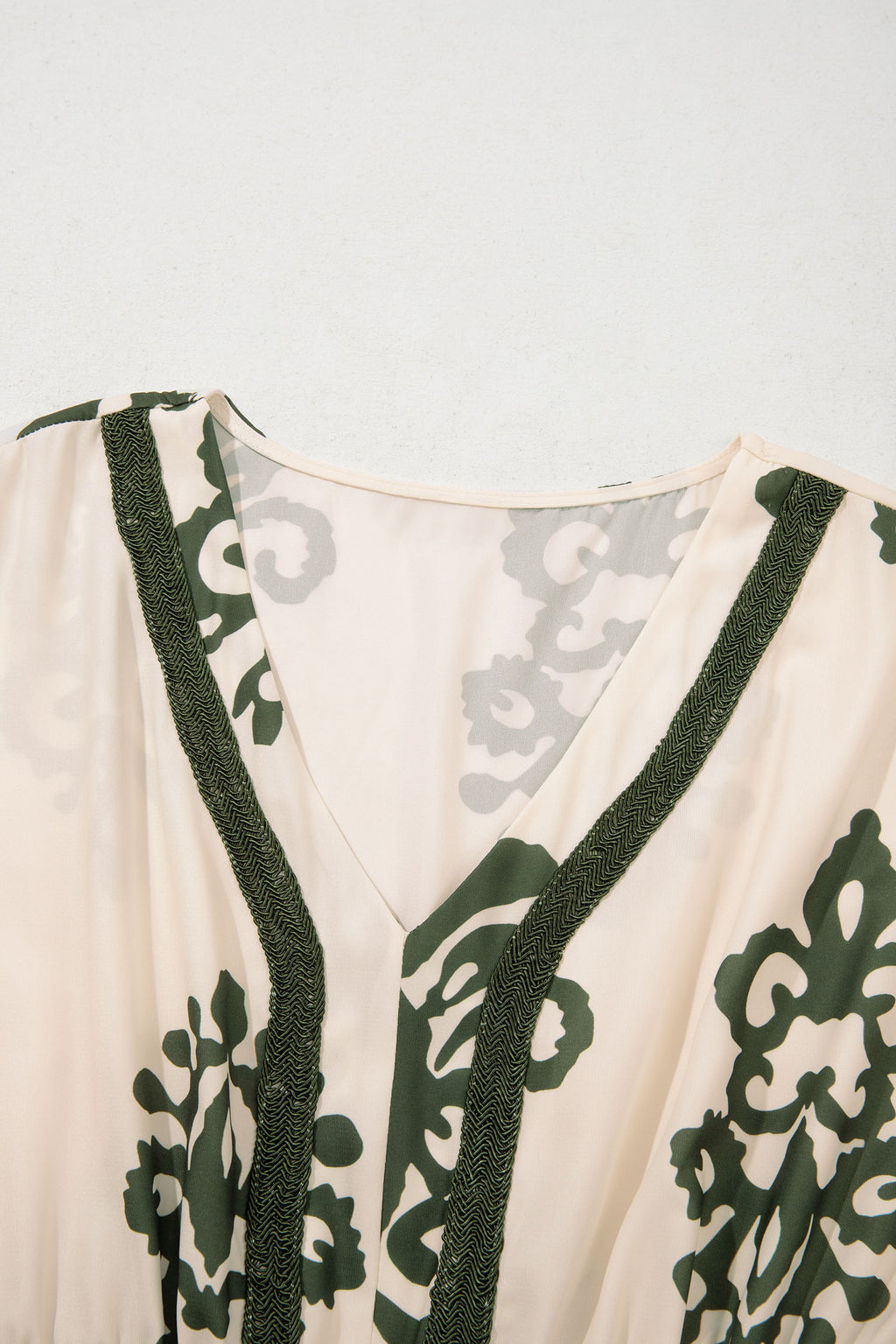 Abstract Print Embroidered V-Neck Dolman Sleeve Boho Midi Dress | Green & Apricot