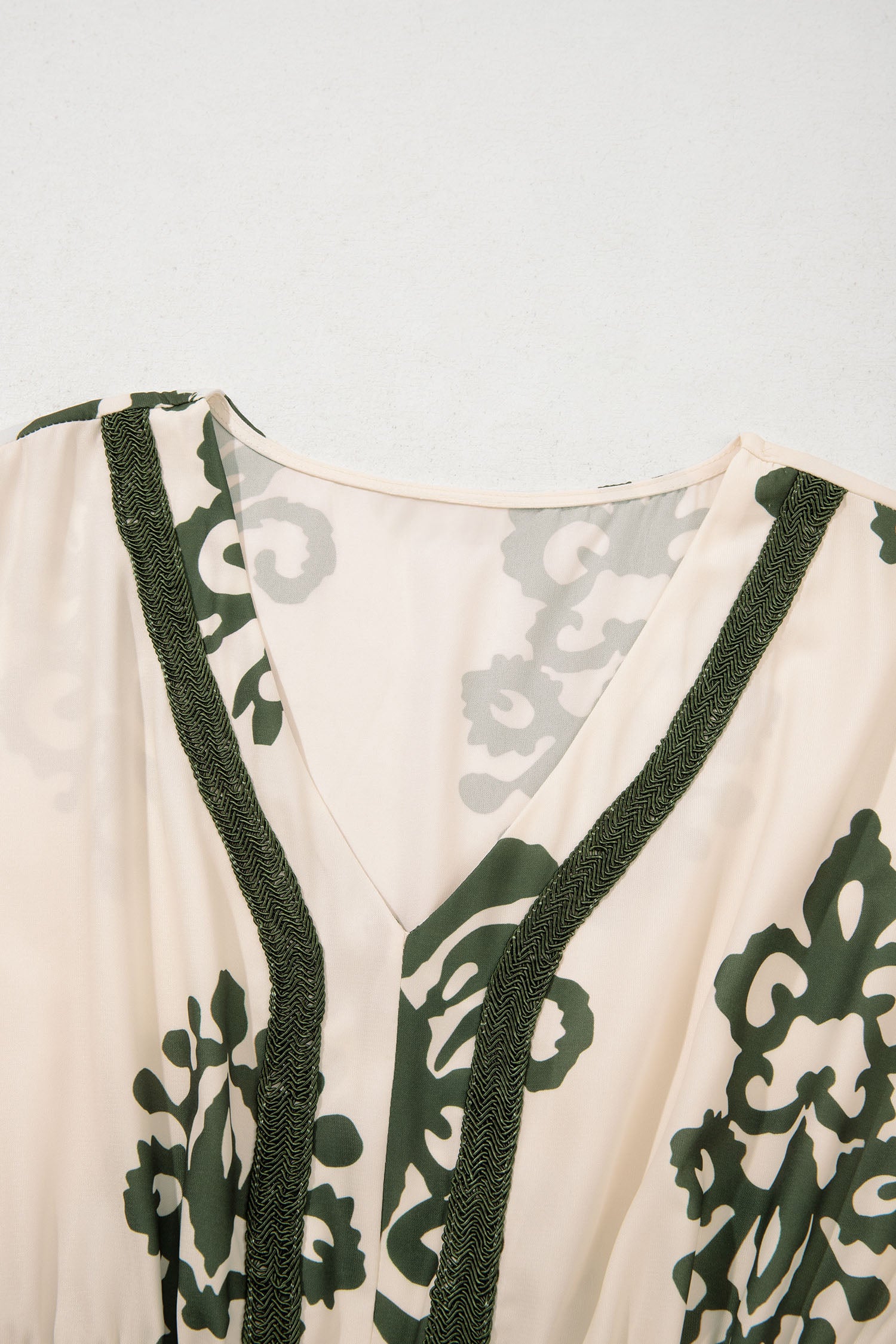Abstract Print Embroidered V-Neck Dolman Sleeve Boho Midi Dress | Green & Apricot