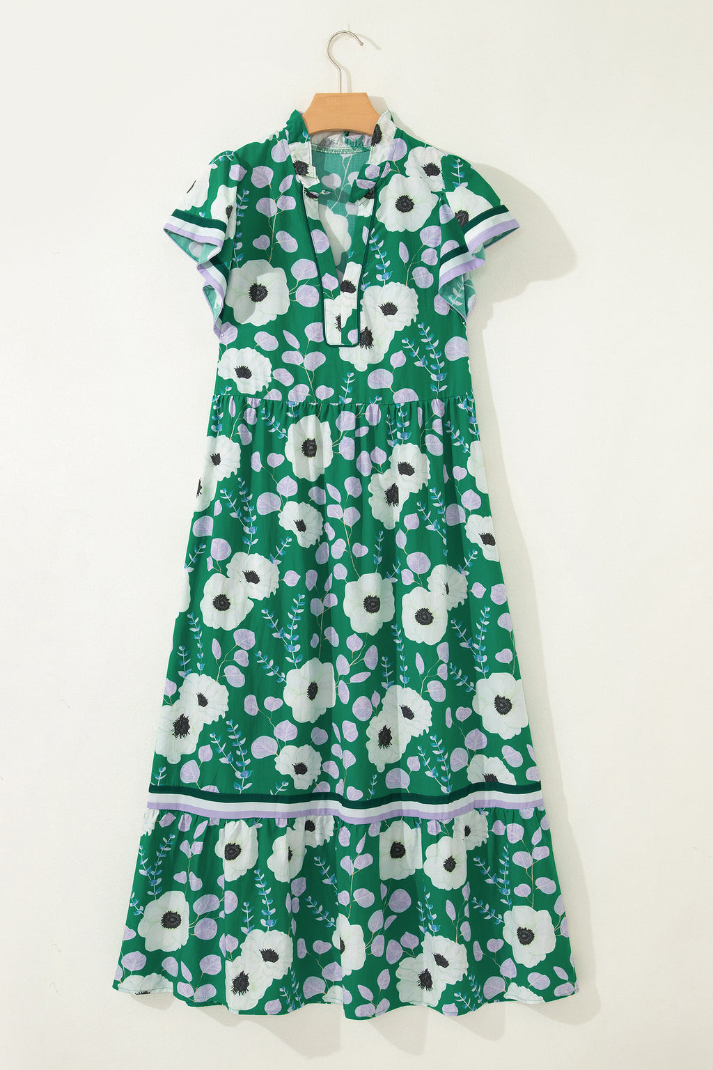 Green Floral Maxi Dress V Neck Ruffle Sleeve Women S-XL