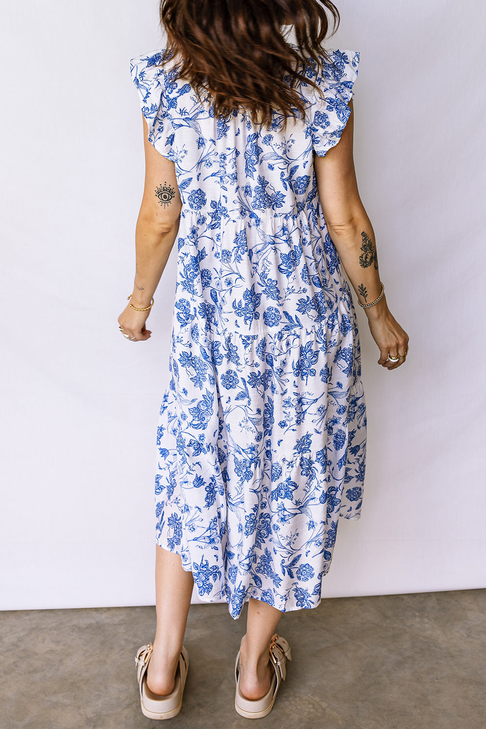 Women's Blue Ruffled Short Sleeve Tiered Floral Midi Dress at LivelyLooks