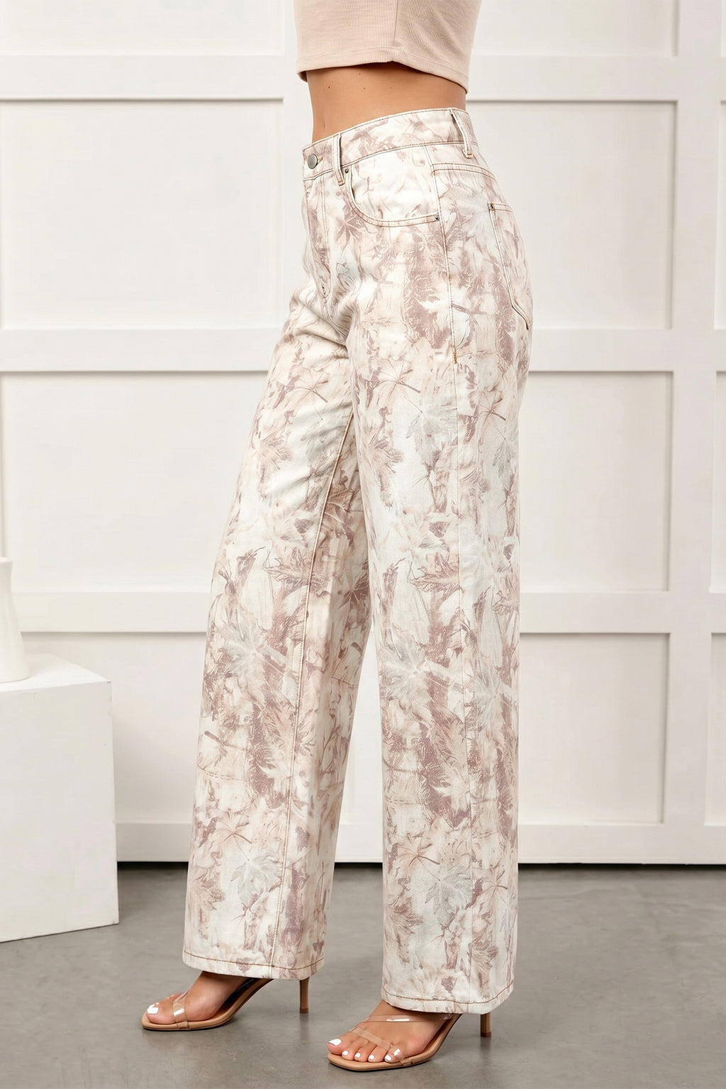 Khaki Woodland Camo Tummy Control Denim Wide Leg Jeans | UK 8–18