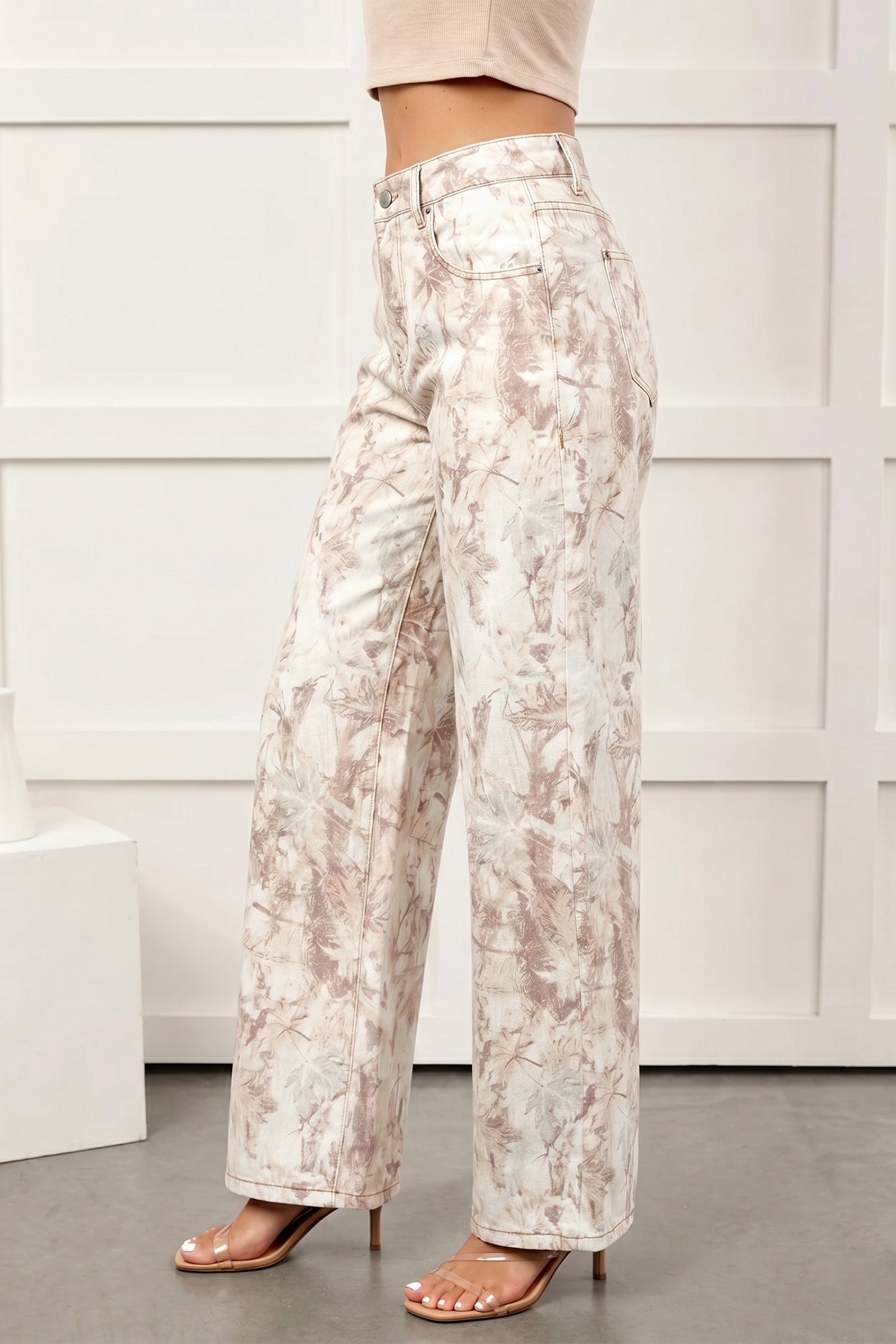 Khaki Woodland Camo Tummy Control Denim Wide Leg Jeans | UK 8–18