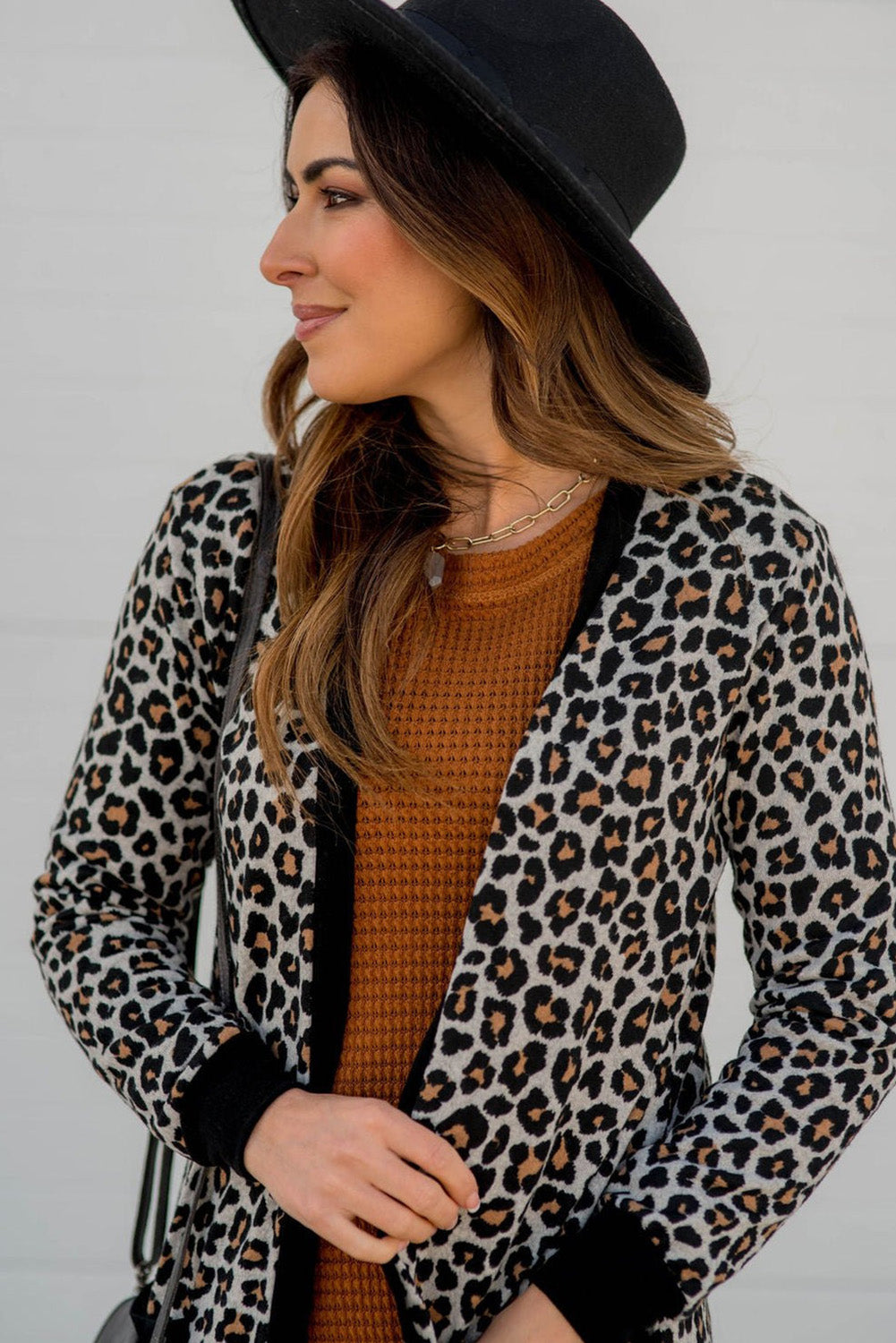 LivelyLooks Black Leopard Patched Pocket Open Front Knit Cardigan S-XL women's fashion