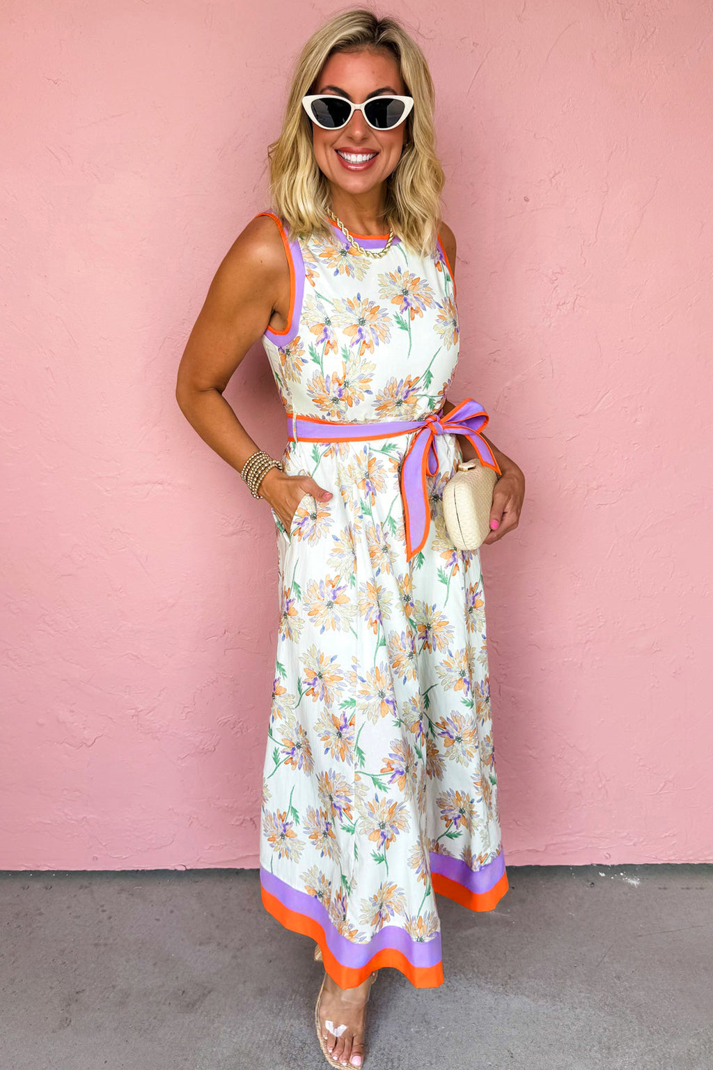 Women's White Floral Print Colour Block Trim Belted Sleeveless Maxi Dress at LivelyLooks
