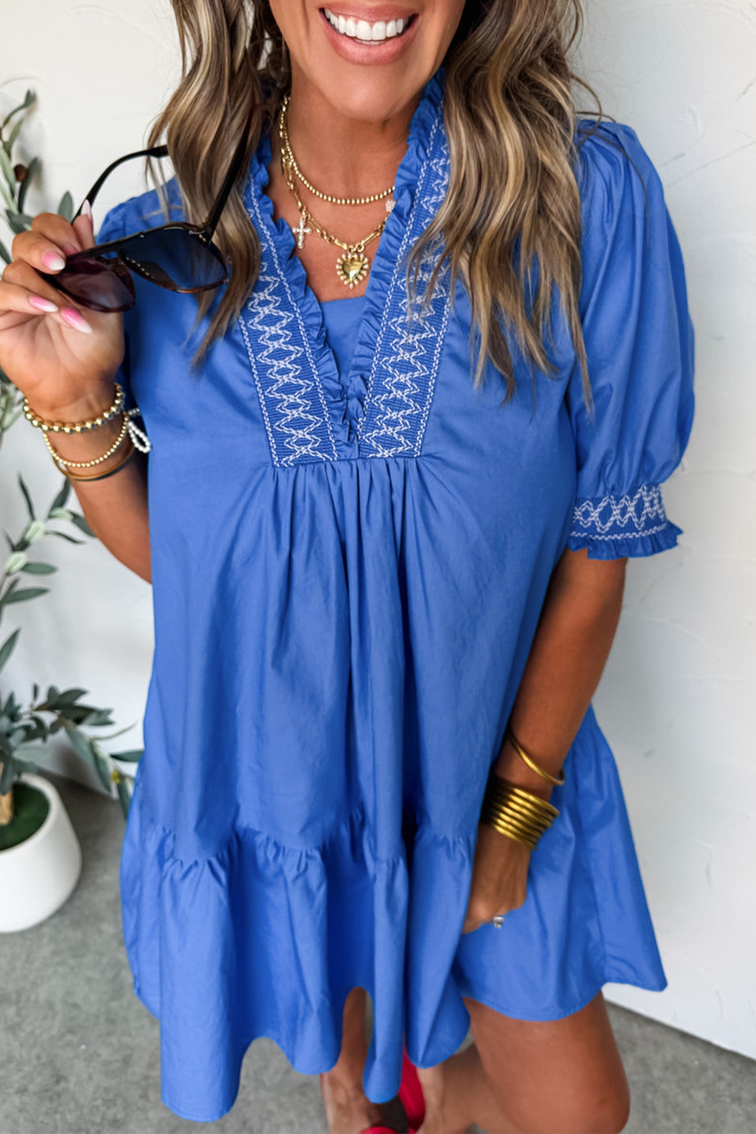 Sky Blue Embroidered Smocked Mini Dress V Neck Short Puff Sleeve Women S-XL
