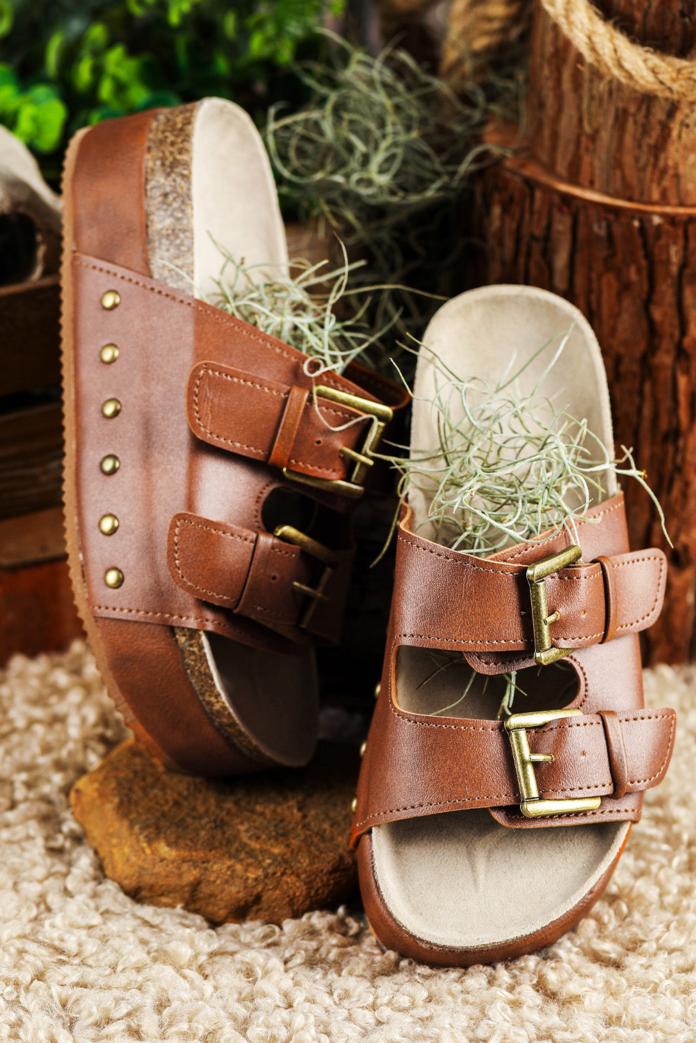 Shop Women's Chestnut Dual Buckle Studded Platform Sandals EU 37-42 at LivelyLooks