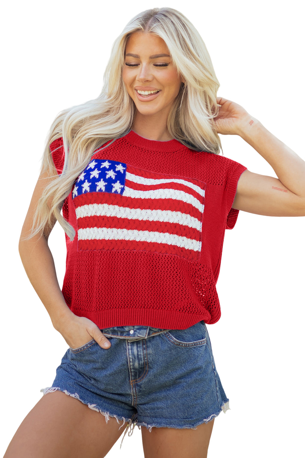 Women's Fiery Red Flag Graphic Short Sleeve Sweater Top at LivelyLooks