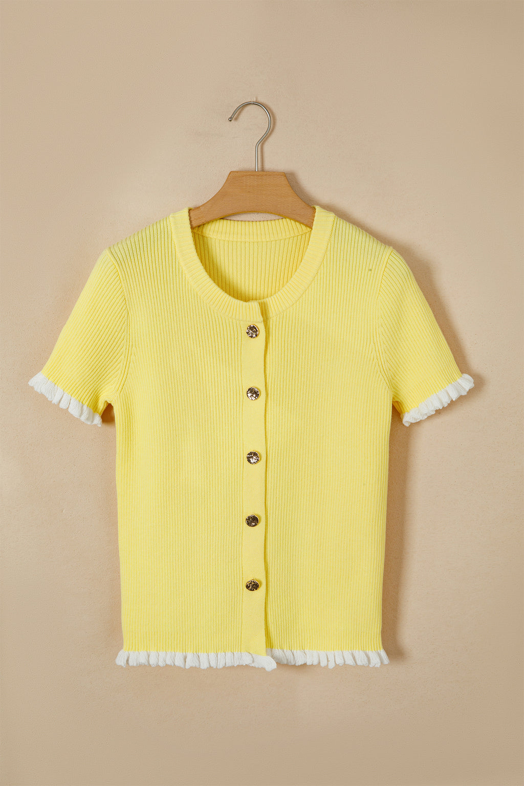 Yellow Ribbed Knit Contrast Trim Frilled Short Sleeve Cardigan