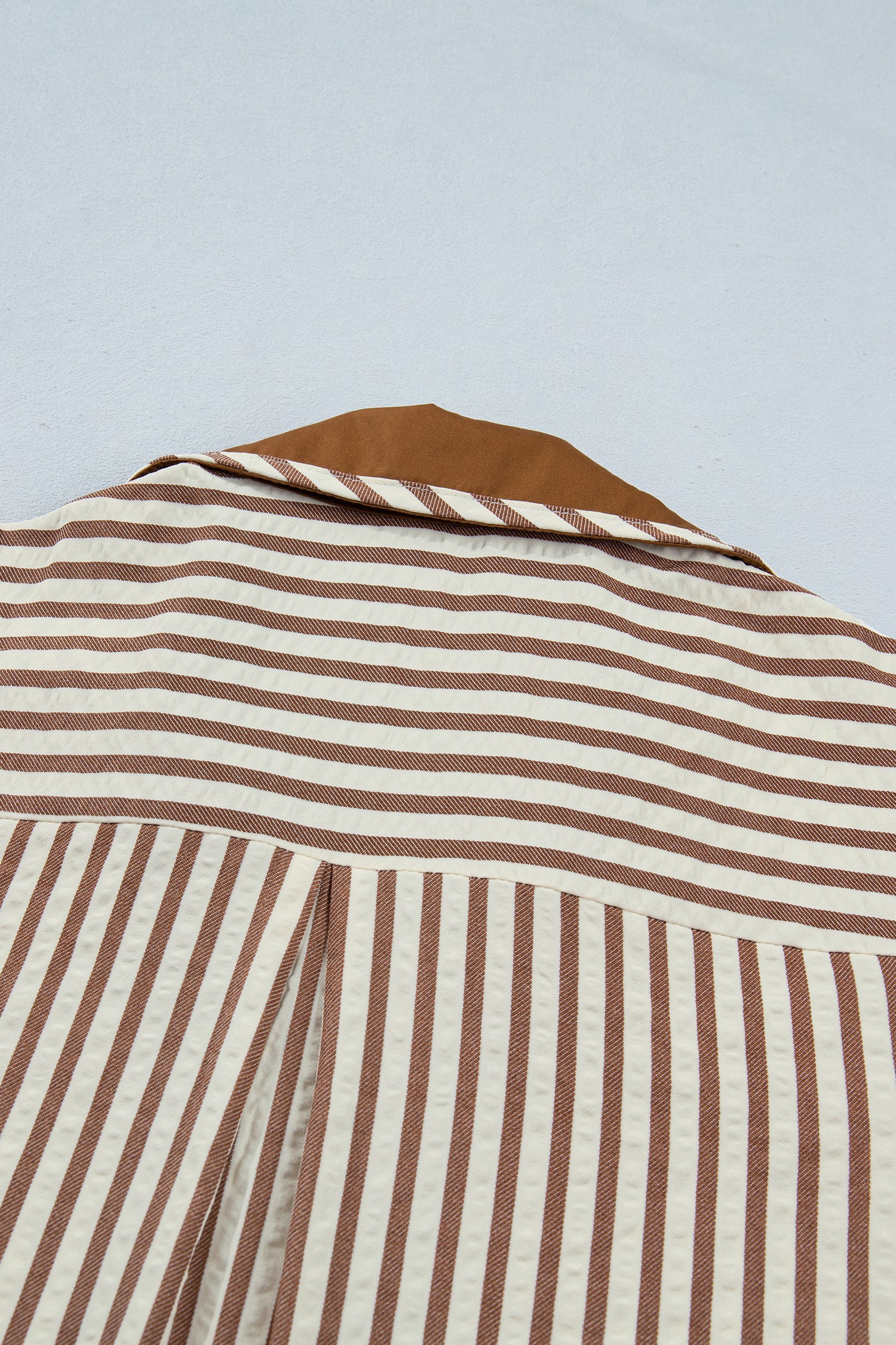 Brown Stripe Colour Block Ruffle Hem Shirt Collar Mini Dress S-XL