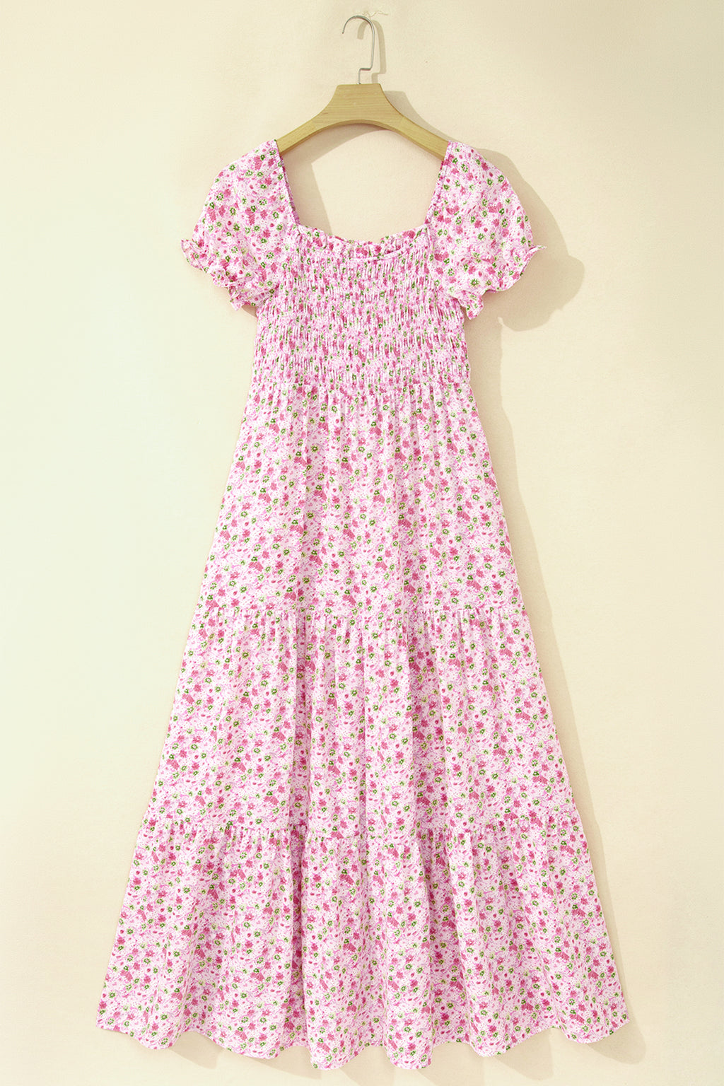 Floral Maxi Dress Bubble Sleeve Shirred High Waist | Pink & Green