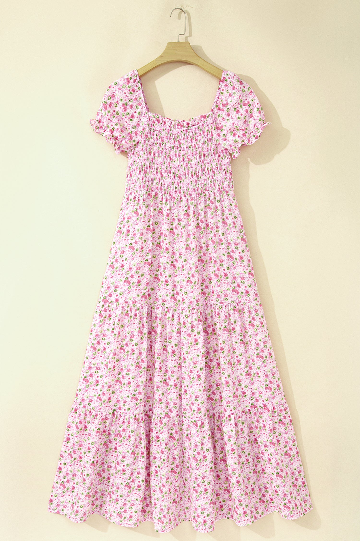 Floral Maxi Dress Bubble Sleeve Shirred High Waist | Pink & Green