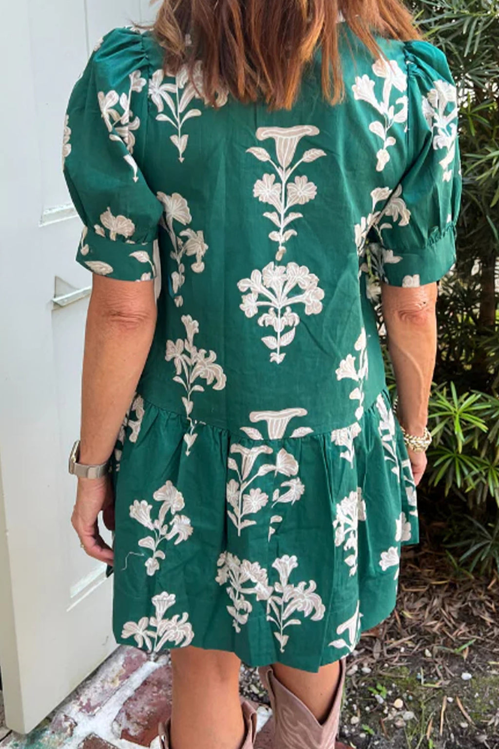 Black & Green Frilled V Neck Puff Sleeve Floral Mini Dress S-XL