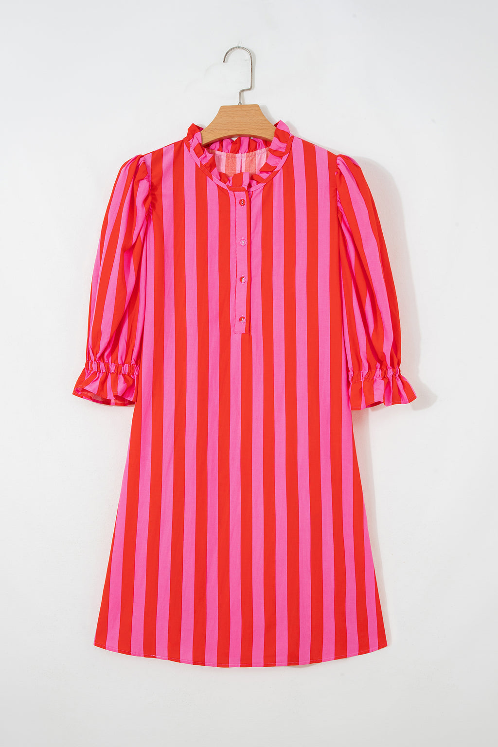 Striped Puff Sleeve Mini Dress | Half Button Loose Fit | Red & Yellow