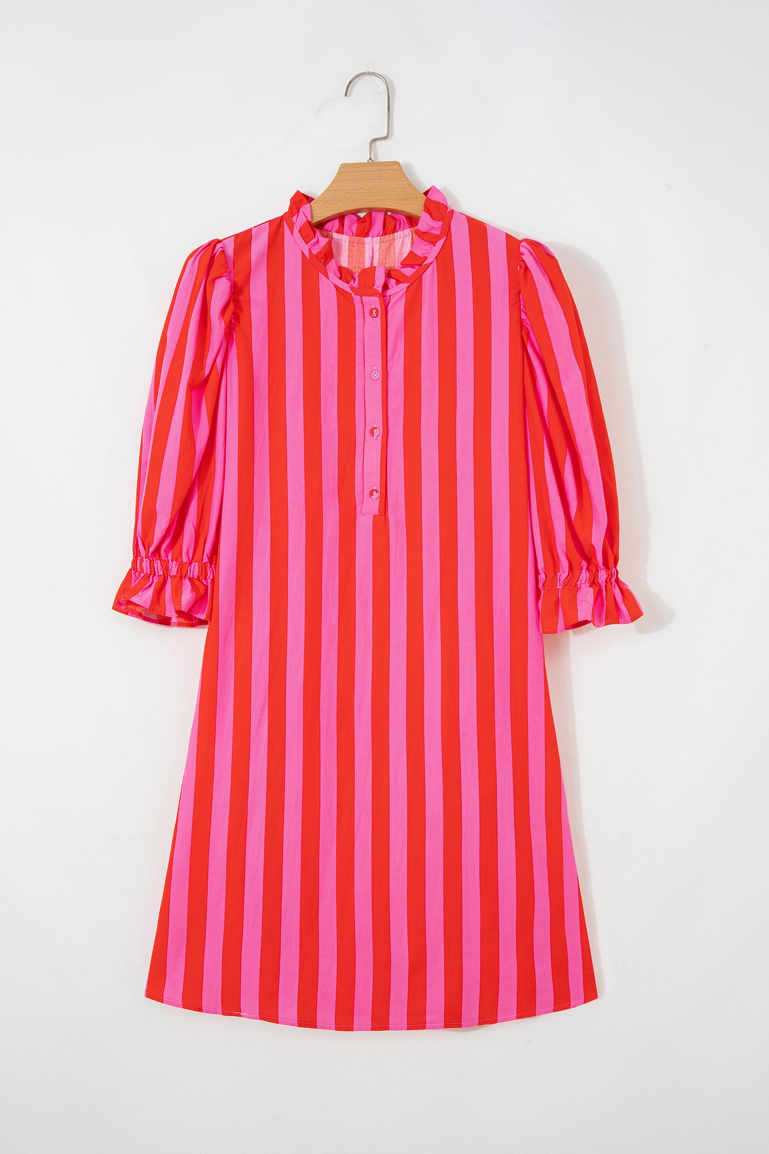 Striped Puff Sleeve Mini Dress | Half Button Loose Fit | Red & Yellow