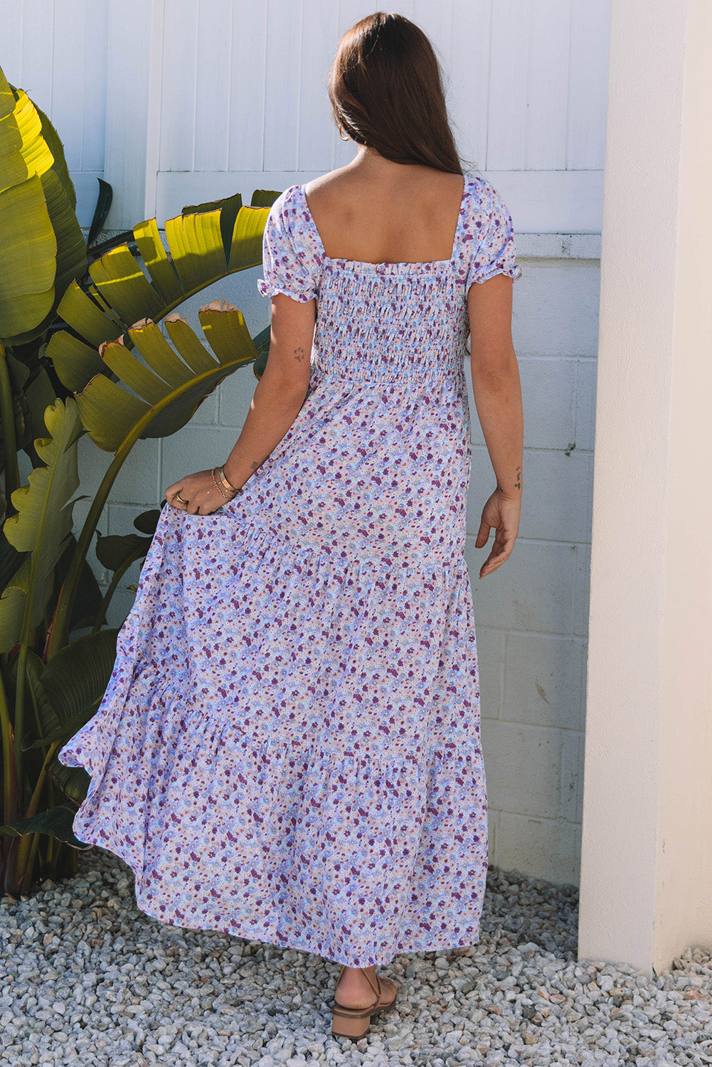 LivelyLooks Floral Bubble Sleeve Shirred High Waist Maxi Dress Purple Square Neck S-XL women's fashion