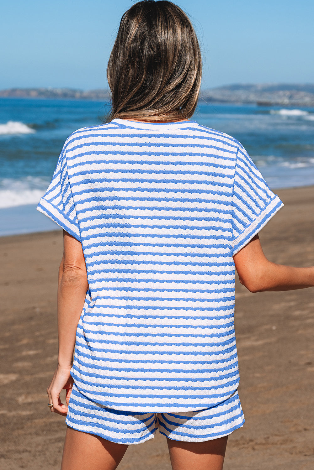 Women's Stripe Knitted Short Sleeve Top & Drawstring Shorts Co-ord S-3XL at LivelyLooks