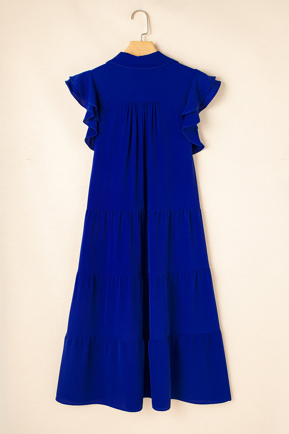 LivelyLooks Blue Ruffle Sleeve V-Neck Tiered Midi Dress Solid Collared S-XL women's fashion