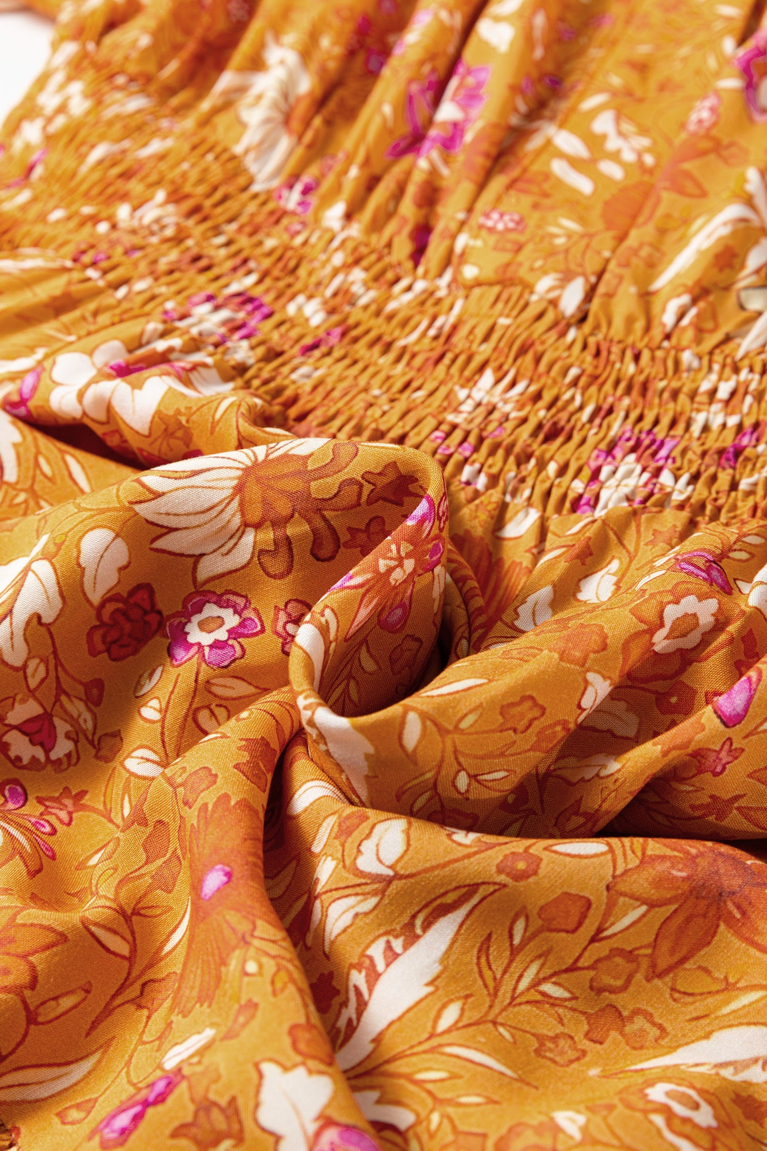 Women's Orange Floral Boho Maxi Dress Smocked Waist Puff Sleeve Tiered S-XL at LivelyLooks
