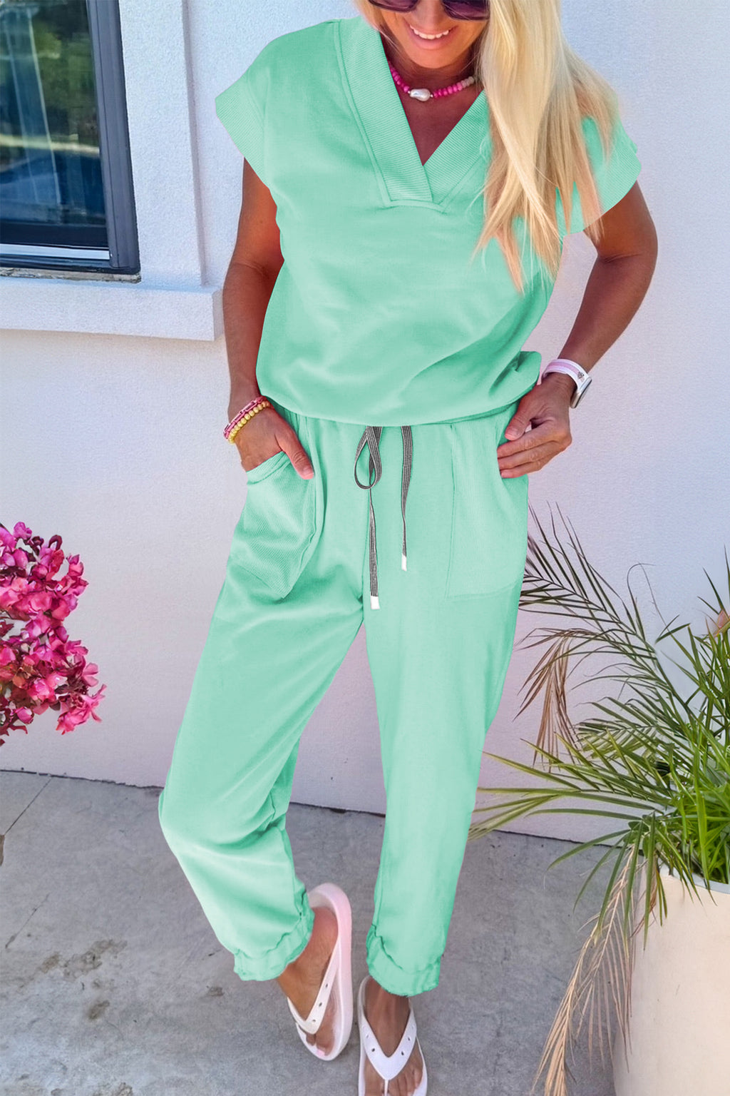V-Neck Tee & Drawstring Pant Set | Apricot Pink, Mint Green, Bonbon & Beau Blue