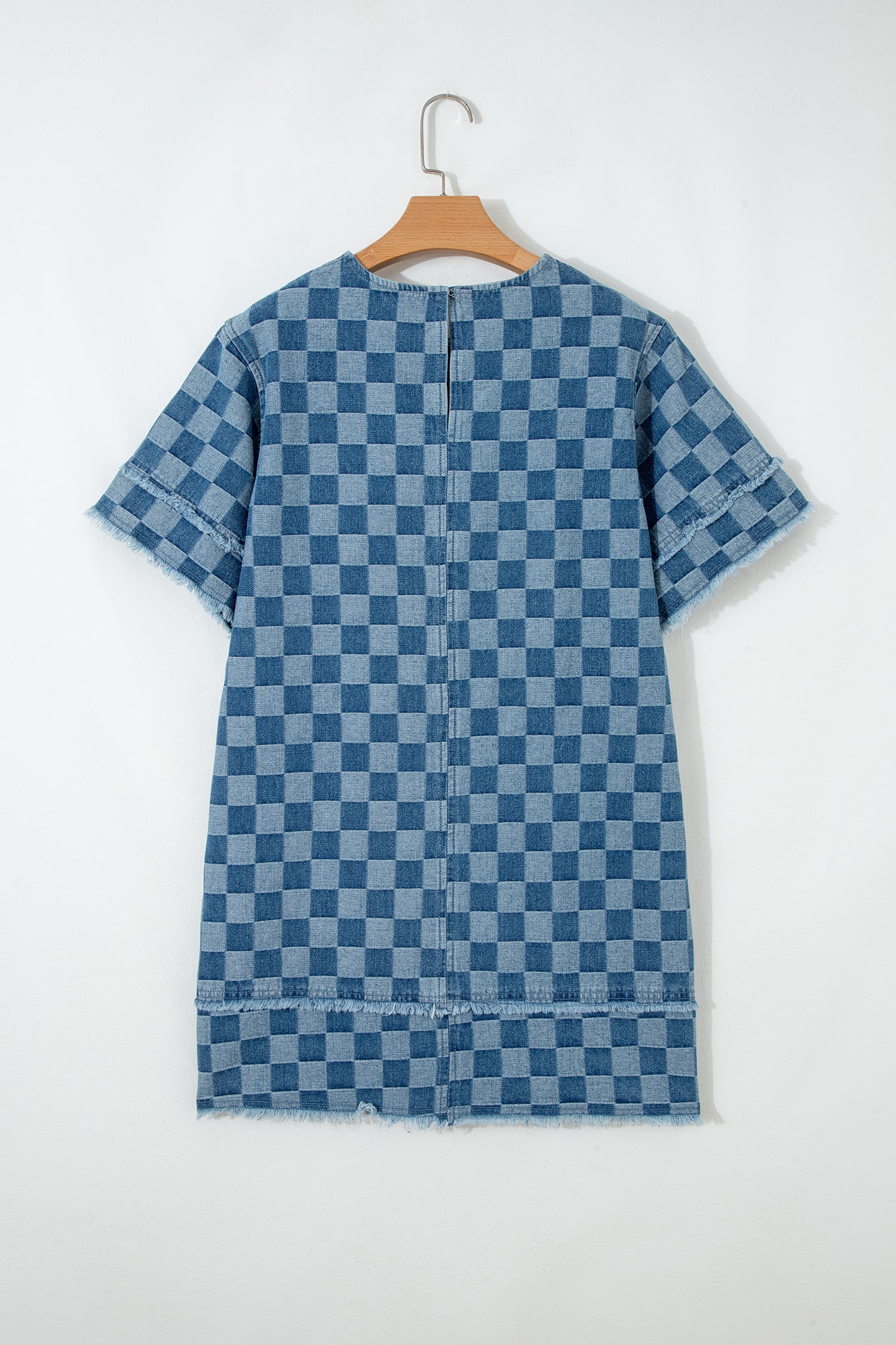 LivelyLooks Checkered Frayed Hem Patchwork Denim Mini Dress Blue S-XL women's fashion