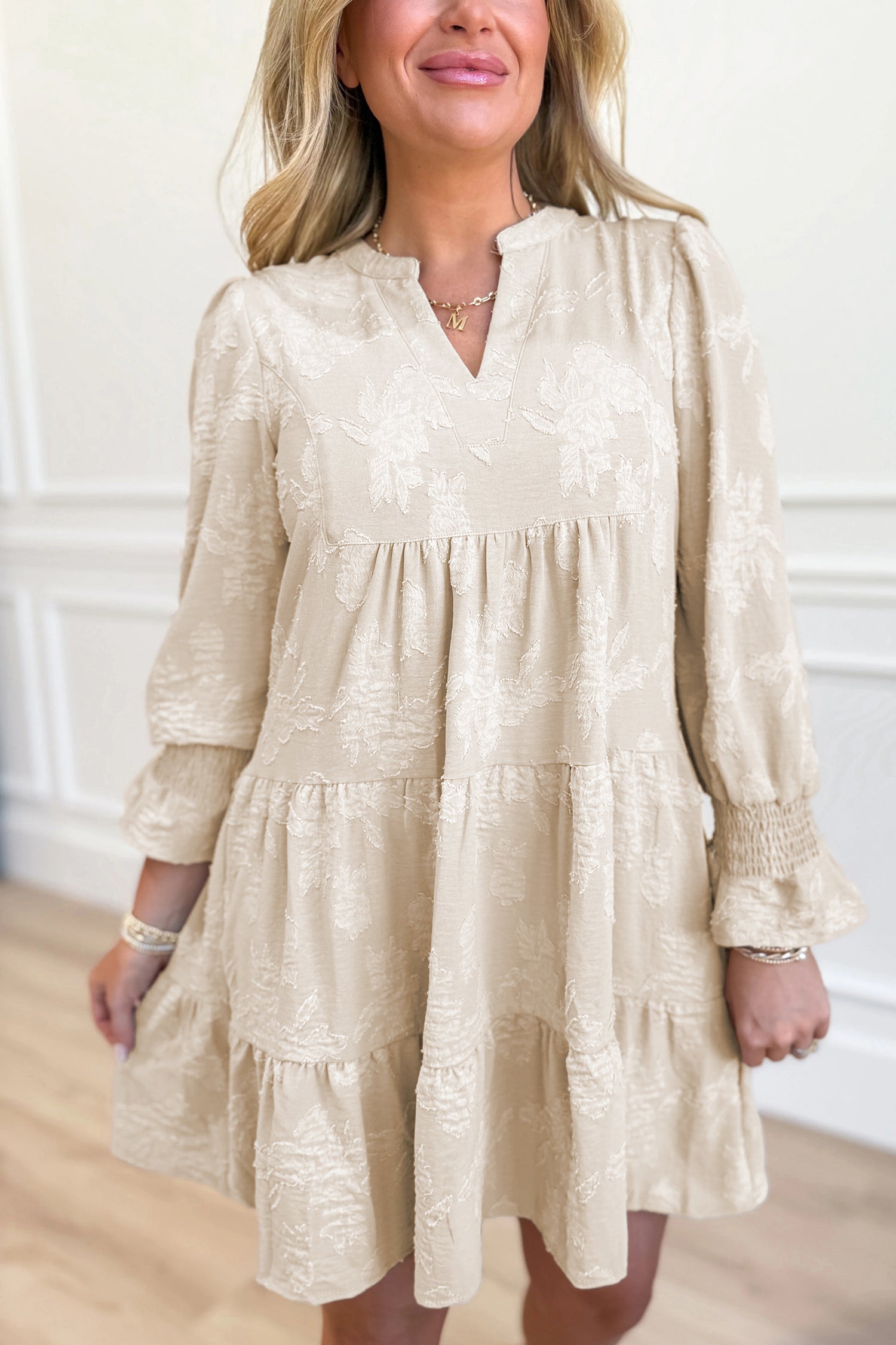 Women's Parchment Jacquard Tiered Mini Dress with Notched Neck at LivelyLooks