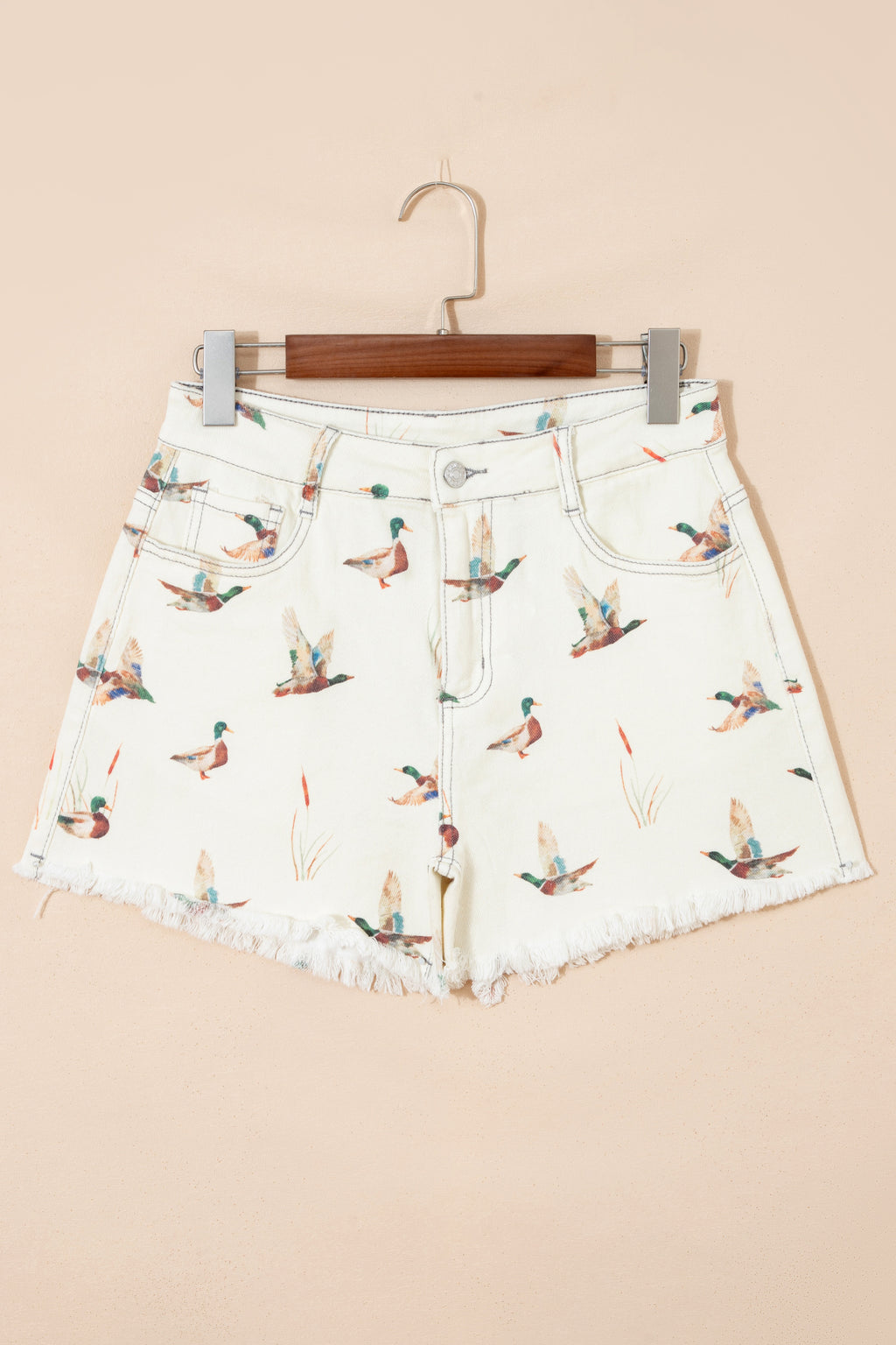 Beige Mallard Print High Waist Frayed Hem Denim Shorts UK 4-16