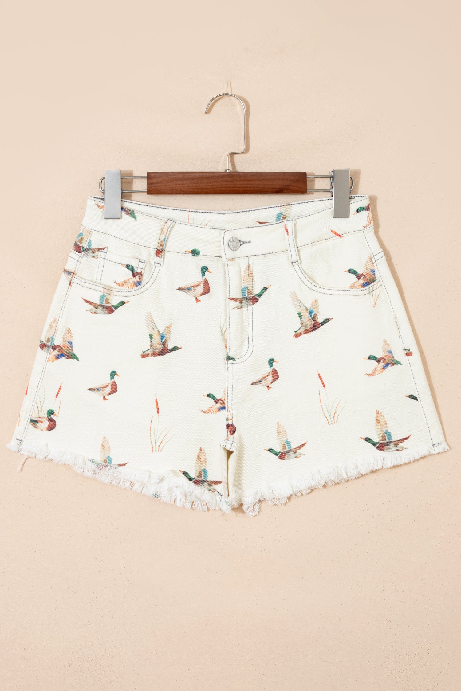 Beige Mallard Print High Waist Frayed Hem Denim Shorts UK 4-16