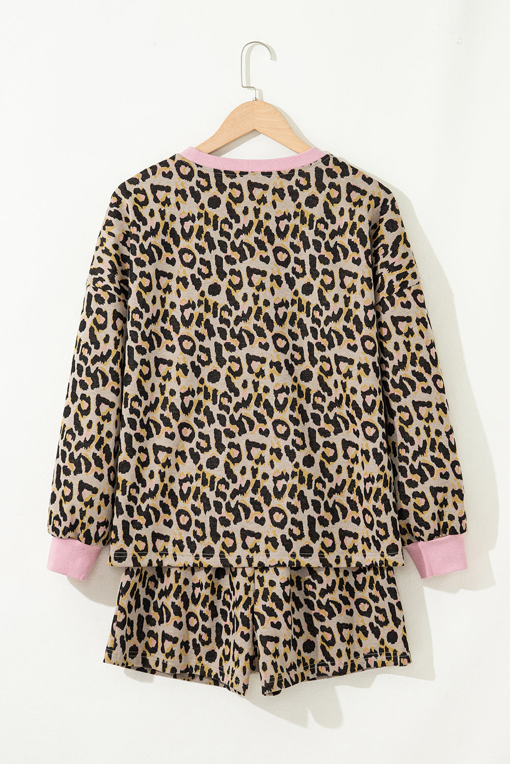 Women's Pink Leopard Print Long Sleeve Pullover & Shorts Set Women's S-XL at LivelyLooks