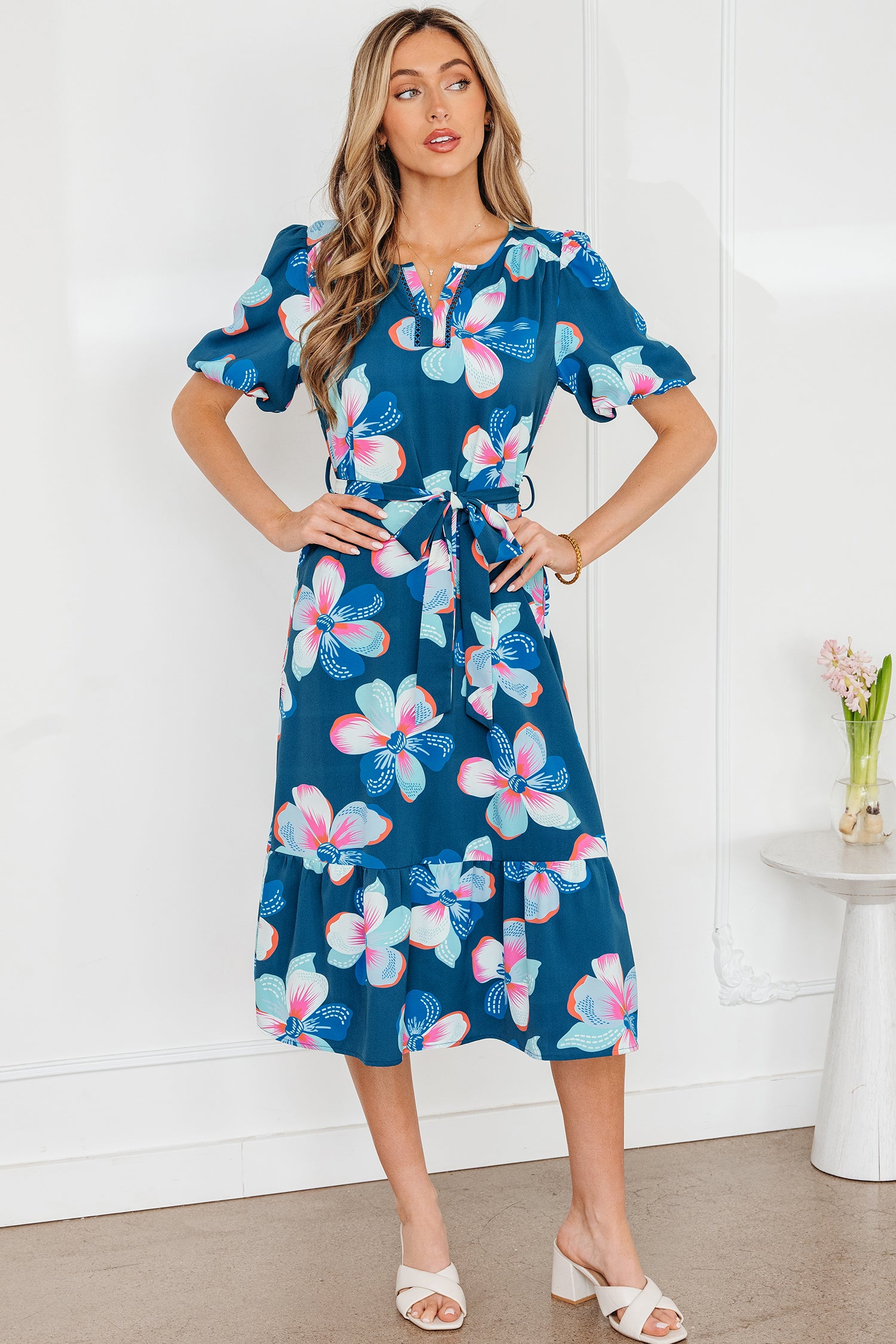 Blue Floral Puff Sleeve Ruffle Hem Belted Long Dress S-XL