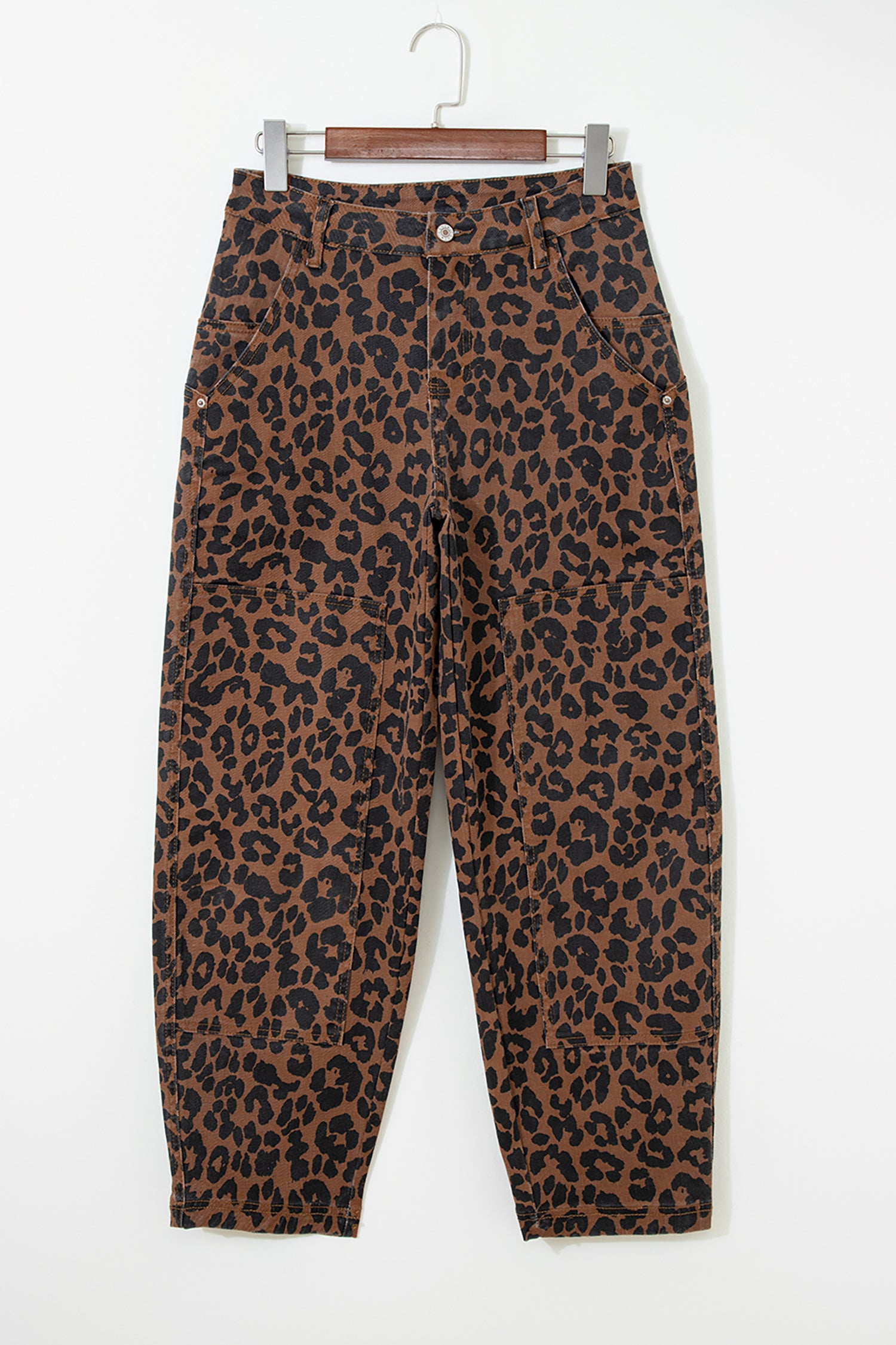 Shop Brown Leopard Print Seam Detail Patchwork Barrel Jeans UK 8-20 at LivelyLooks