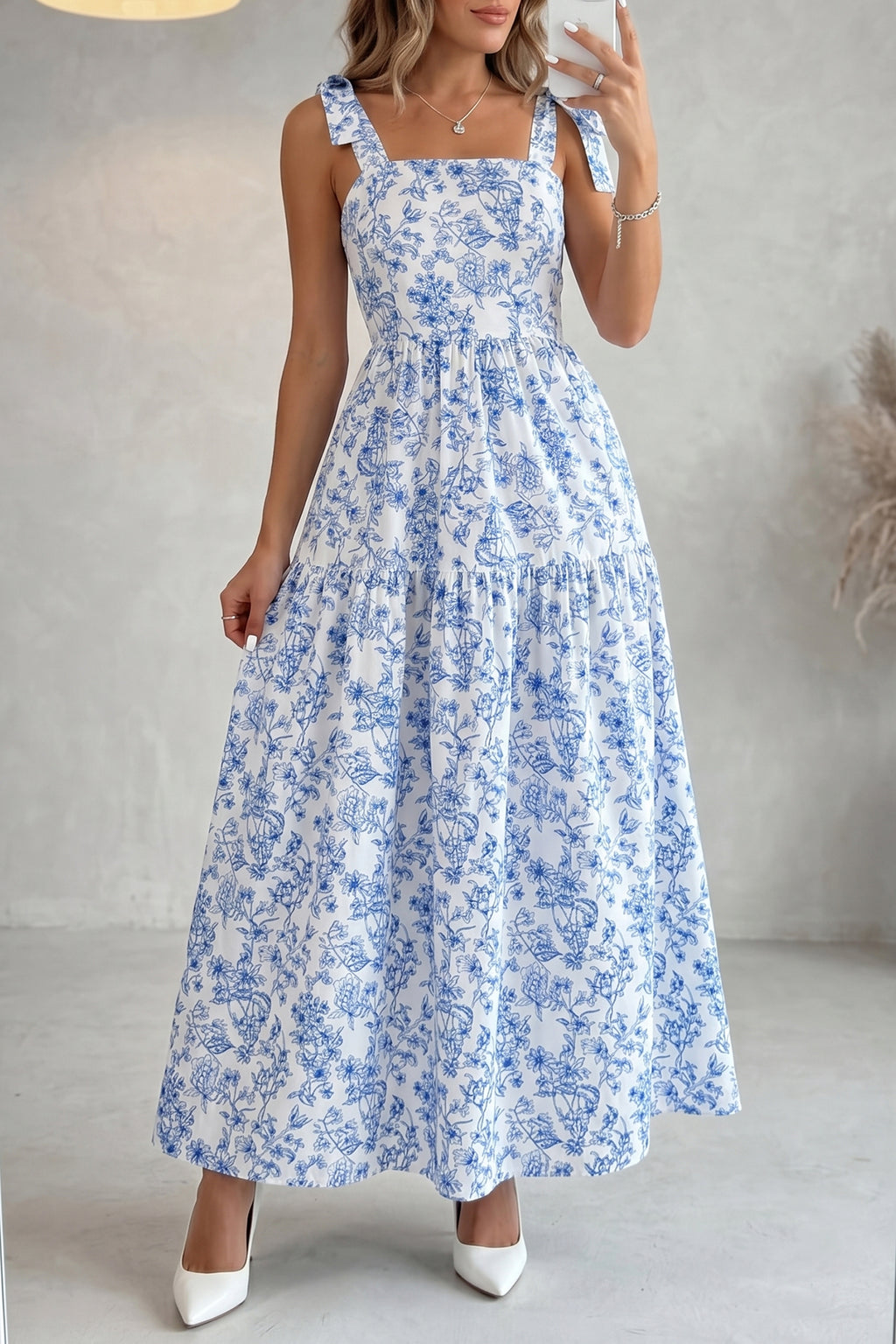 Sky Blue Floral Maxi Dress Knot Straps High Waist Flared Women S-XL