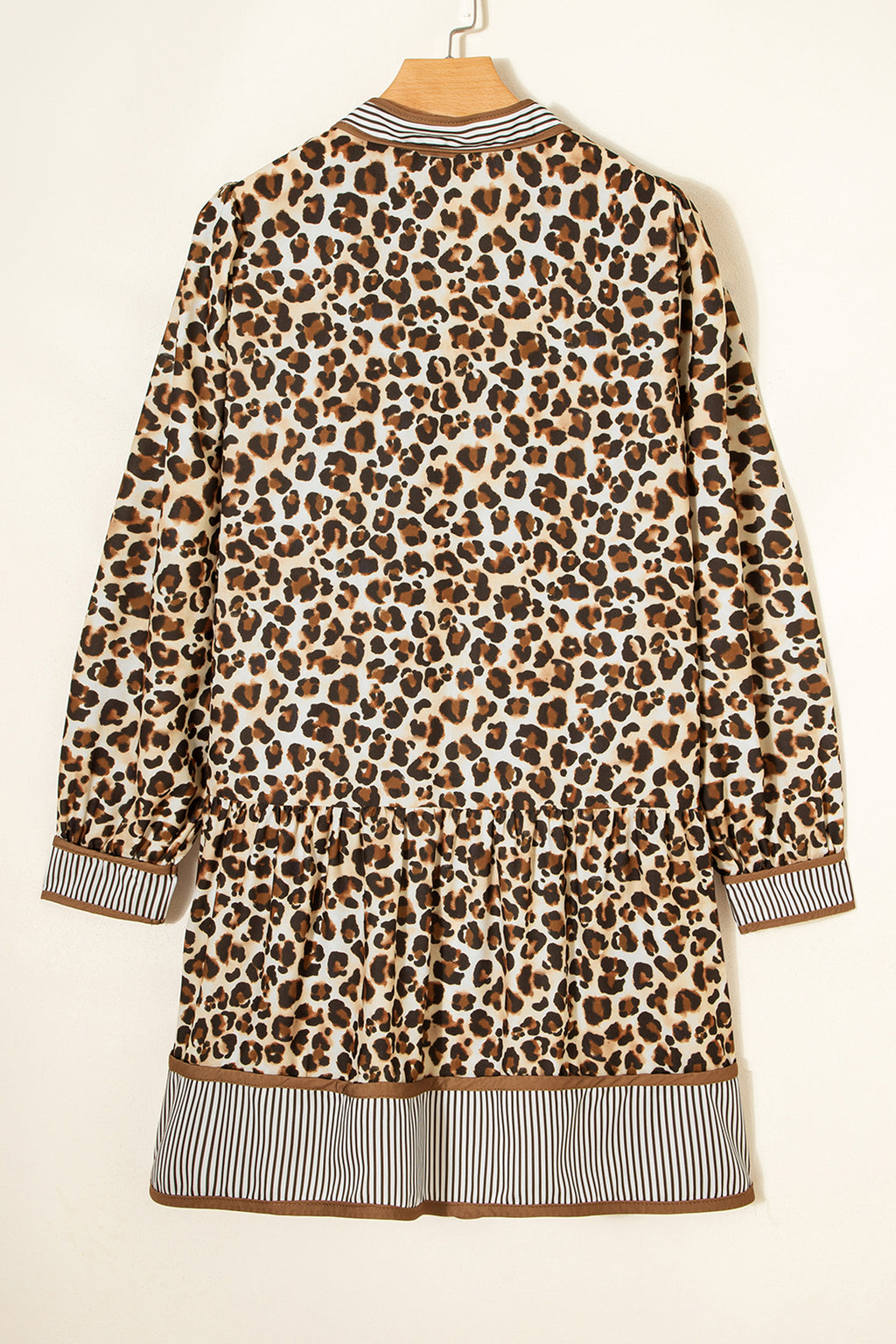 Women's Brown Leopard Stripe Patchwork 3/4 Sleeve Loose Mini Dress at LivelyLooks