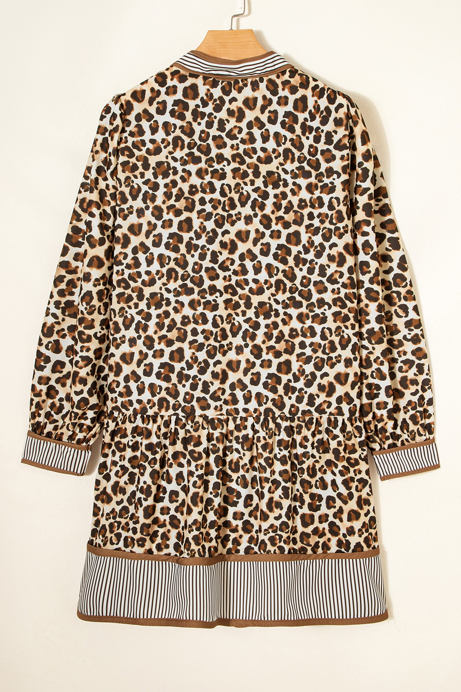 Women's Brown Leopard Stripe Patchwork 3/4 Sleeve Loose Mini Dress at LivelyLooks