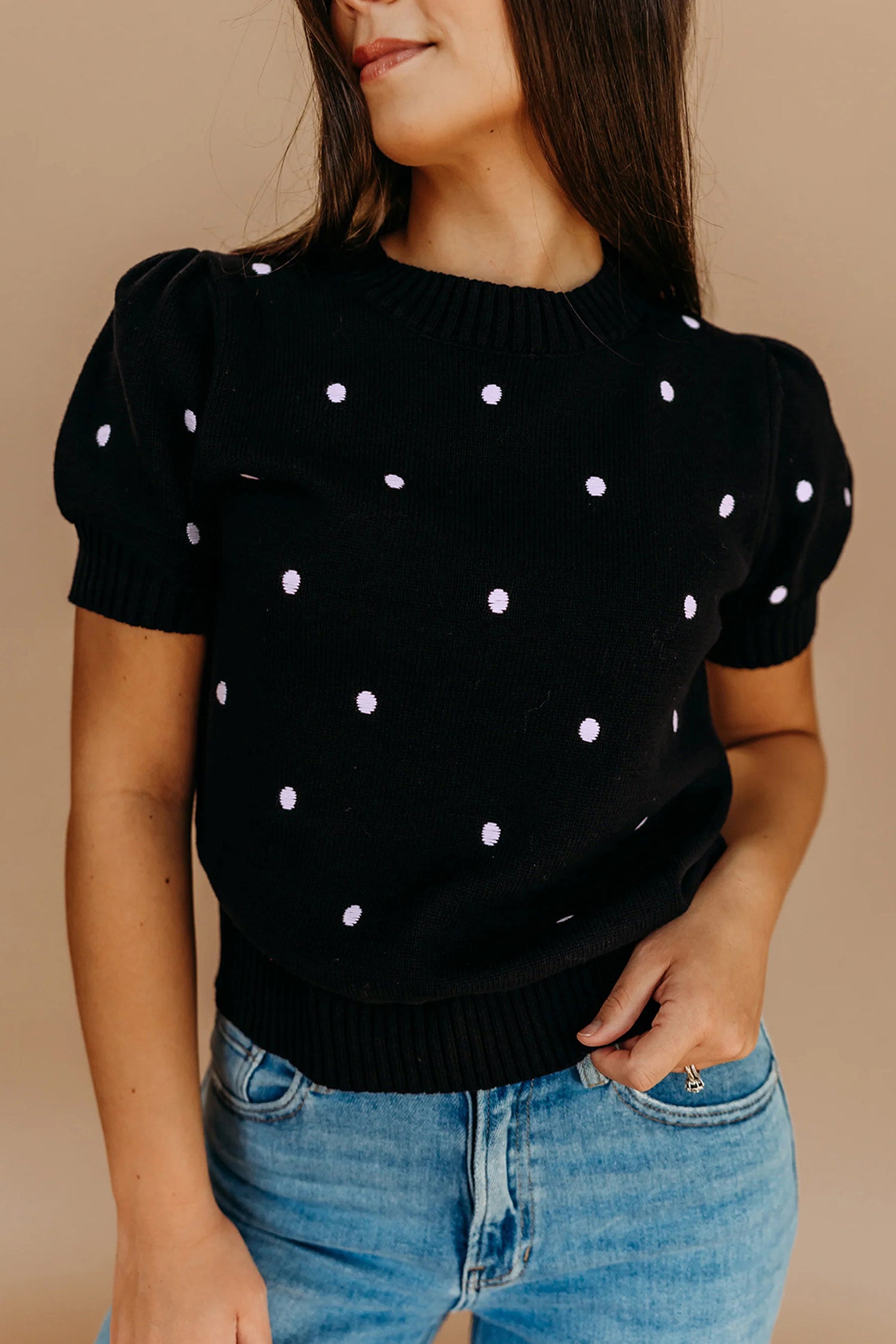 LivelyLooks Yellow Cream Elegant Polka Dot Bubble Short Sleeve Sweater women's fashion