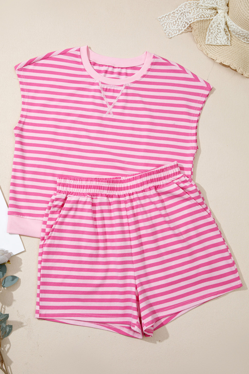 Pink Stripe Cap Sleeve Tee & Elastic Waist Shorts 2pcs Co-ord Outfit