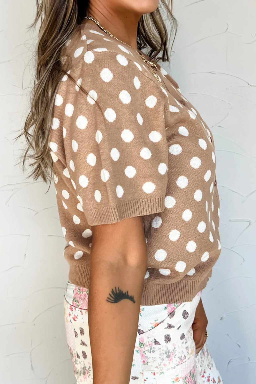 Women's Dark Khaki Polka Dot Short Sleeve Button Down Cardigan at LivelyLooks