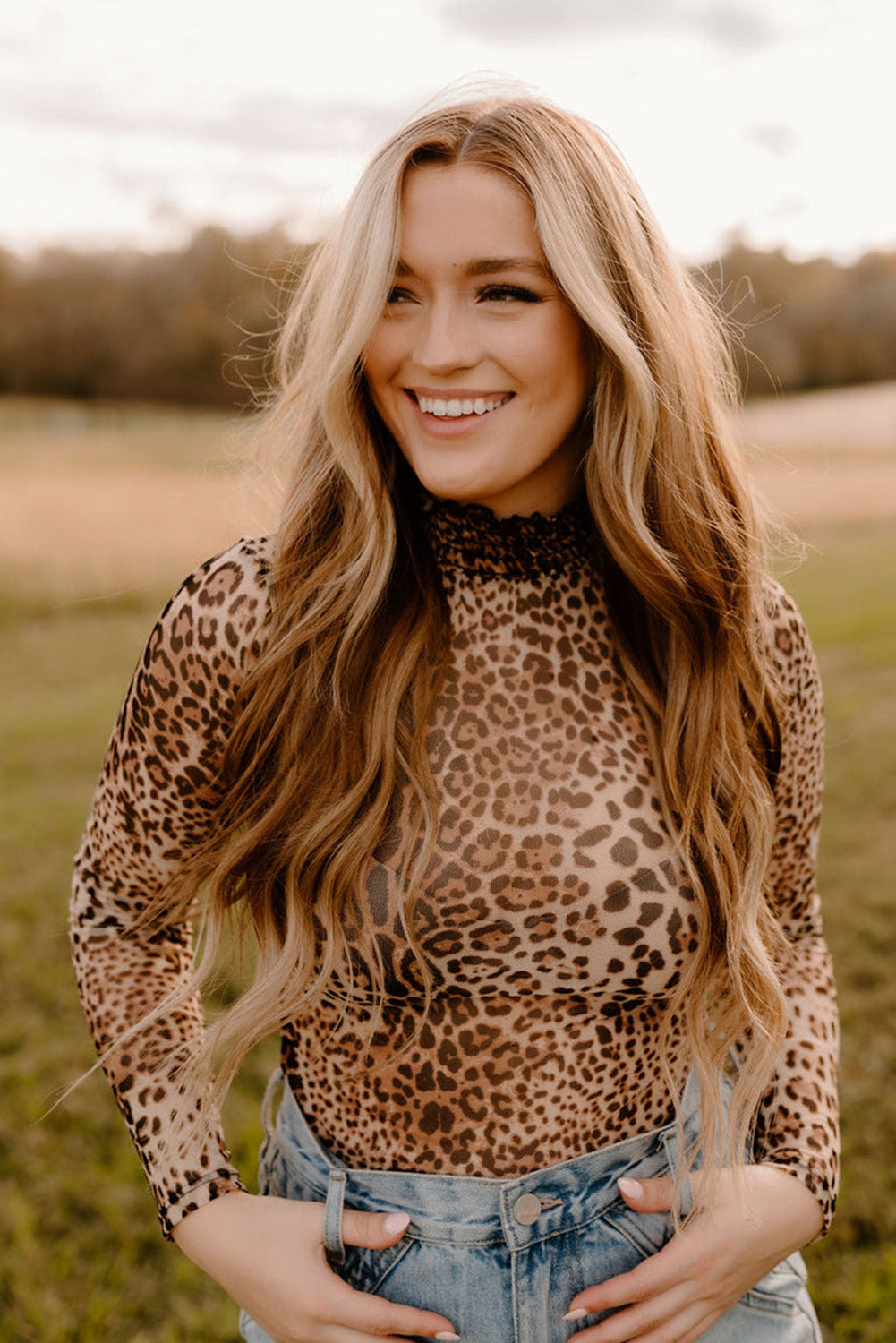 Brown Leopard Print Bodysuit Smocked Neck Mesh Long Sleeve Women S-XL