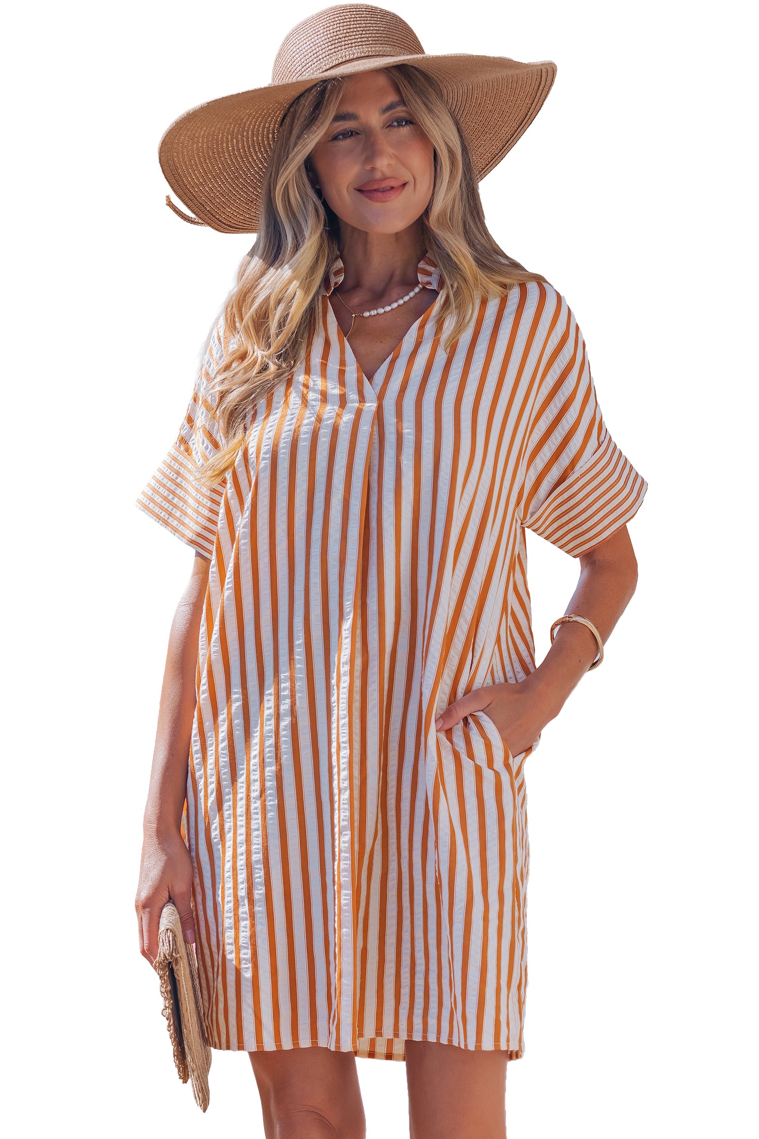 Stripe Pinched V-Neck Shift Mini Dress | Brown Stripe
