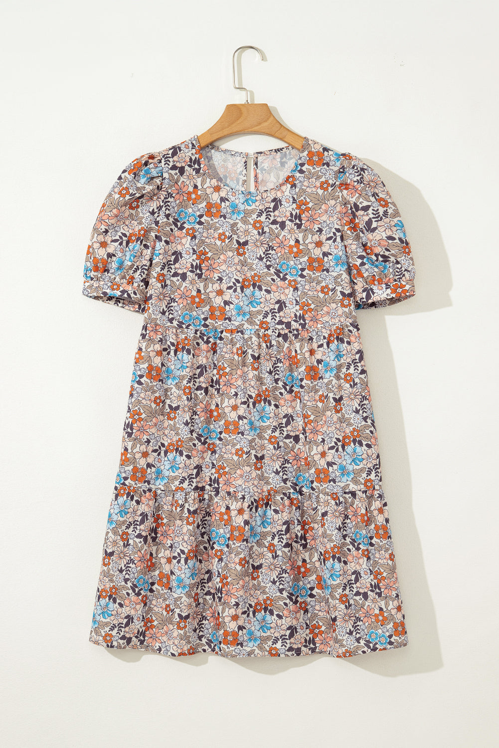LivelyLooks Beige Boho Floral Puff Sleeve Crew Neck Mini Dress women's fashion