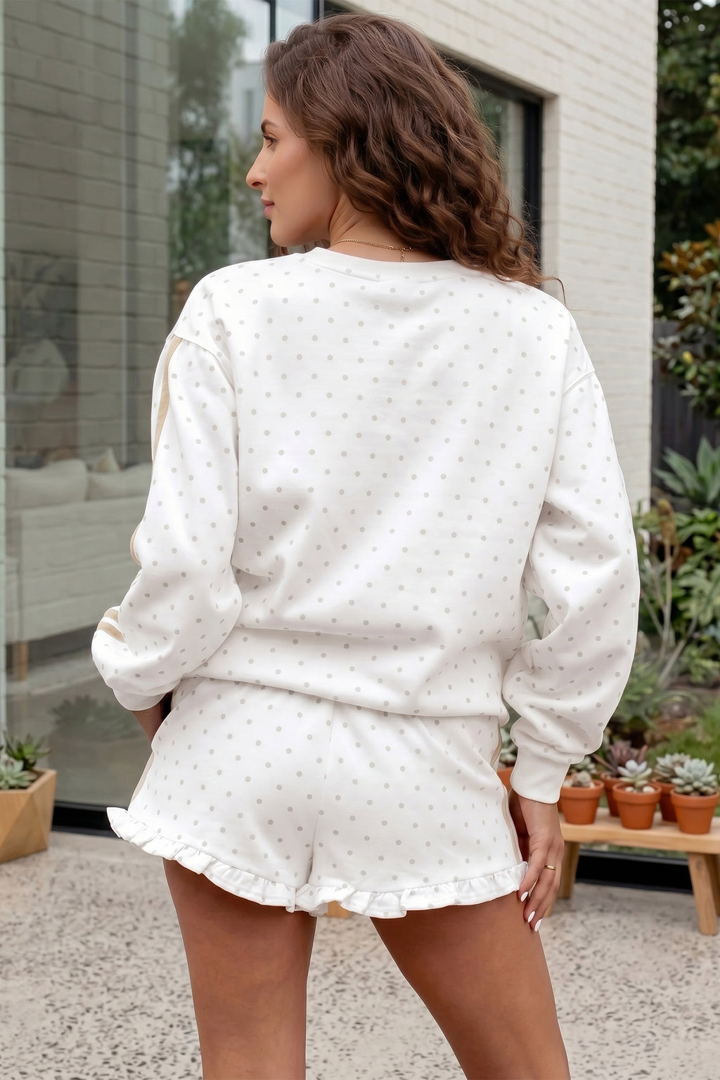 White Polka Dot Side Stripe Casual Sweatshirt & Shorts Set | UK 8–22