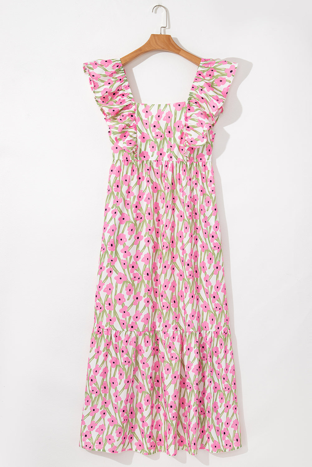 Women's Pink Floral Print Square Neck Ruffled Strap Maxi Dress Summer Boho Casual Sundress at LivelyLooks