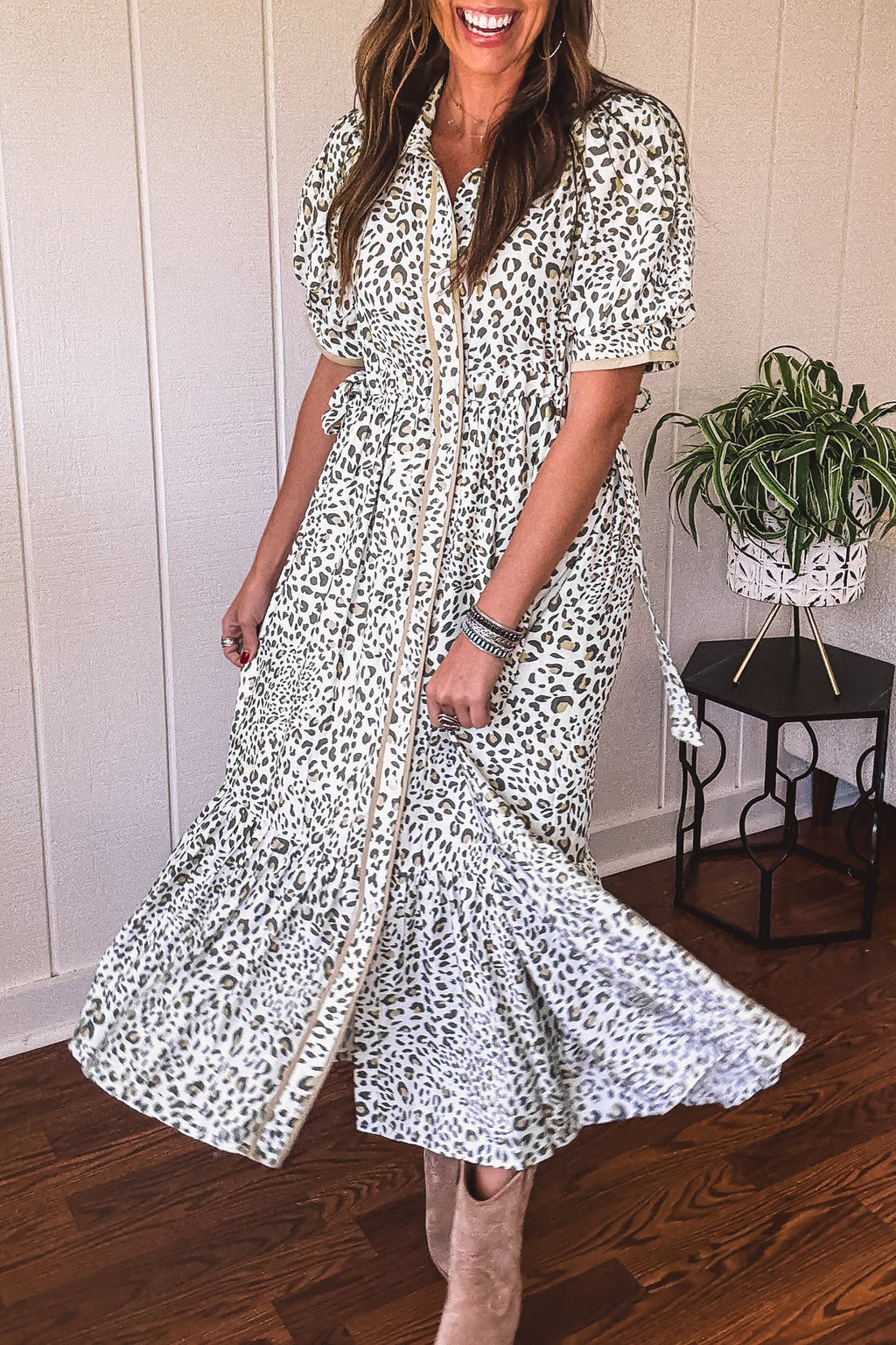 Women's White Leopard Contrast Trim Button Front Short Puff Sleeve Long Dress Maxi Sundress at LivelyLooks