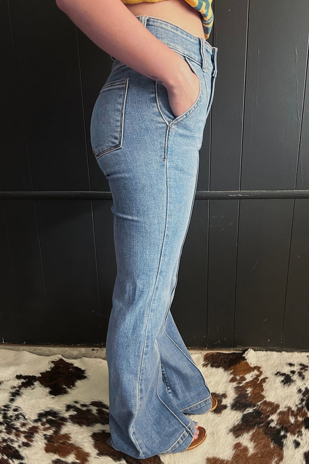 Shop Dusk Blue 2 Button High Waist Piping Trim Bootcut Jeans at LivelyLooks
