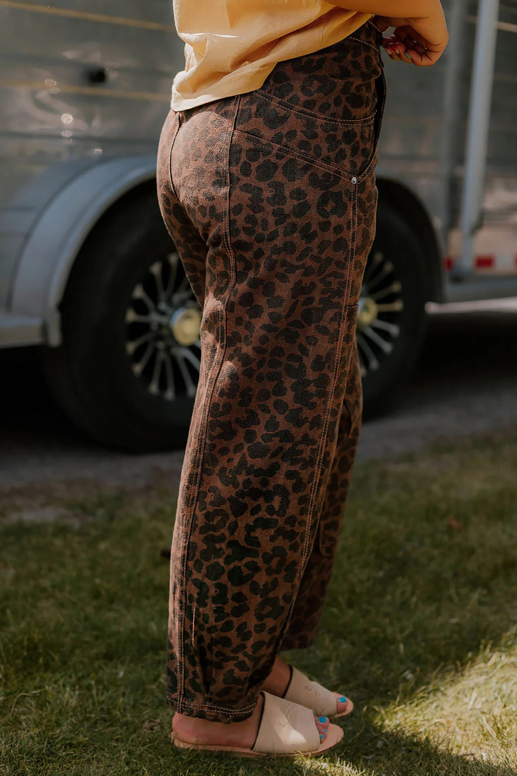 Shop Brown Leopard Print Seam Detail Patchwork Barrel Jeans UK 8-20 at LivelyLooks