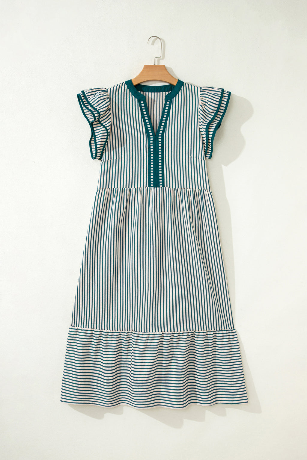 Stripe Double Ruffle Sleeve V-Neck Midi Dress | Green, Brown & Black