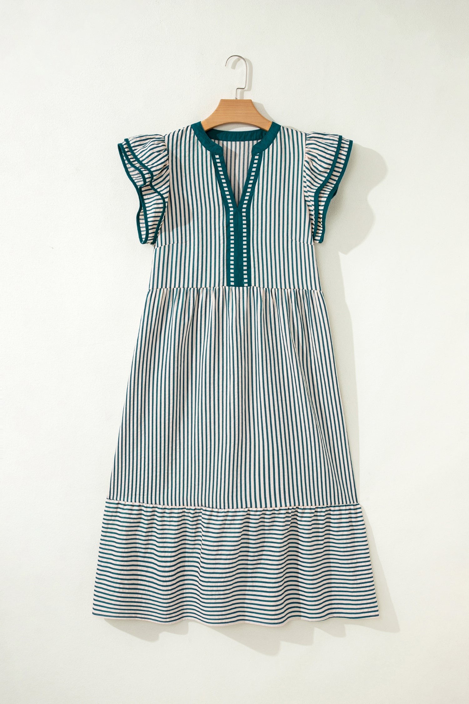 Stripe Double Ruffle Sleeve V-Neck Midi Dress | Green, Brown & Black
