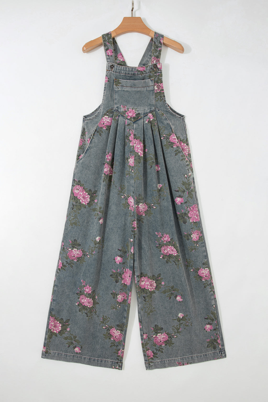 Floral Print Pleated High Waist Wide Leg Denim Jumpsuit | S-XL