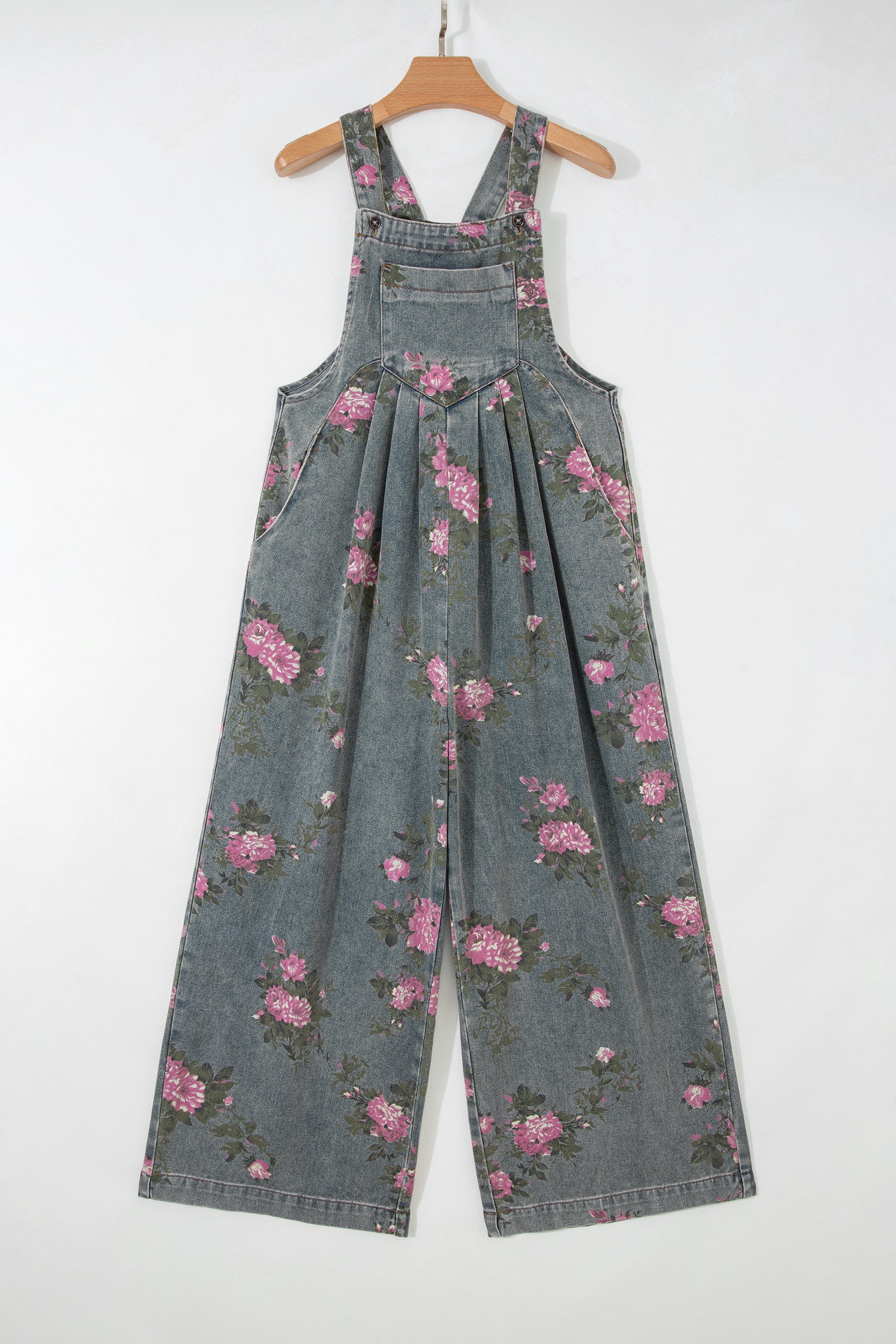 Floral Print Pleated High Waist Wide Leg Denim Jumpsuit | S-XL