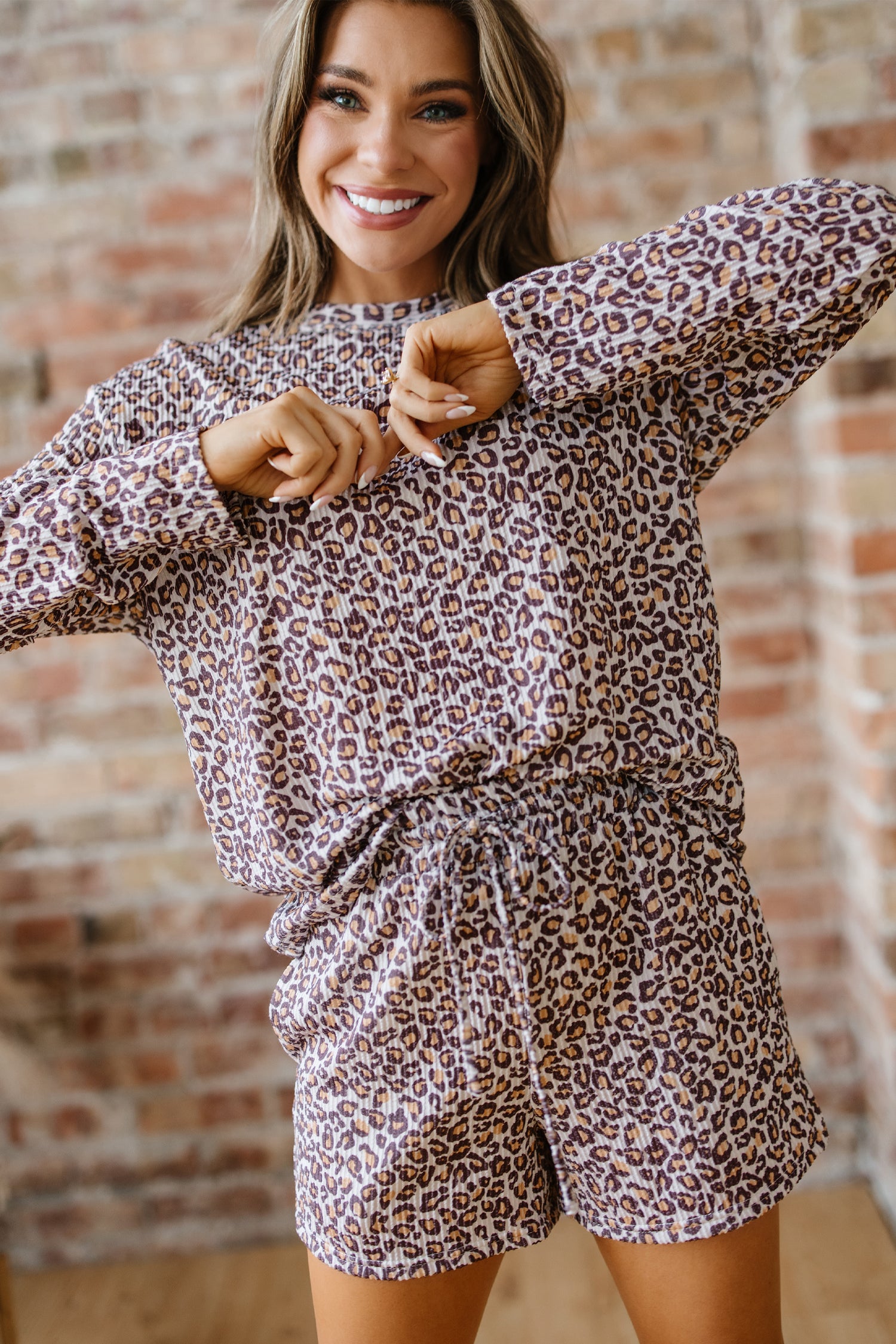 Khaki Leopard Ribbed Long Sleeve Top & Drawstring Shorts Set | UK 8–22
